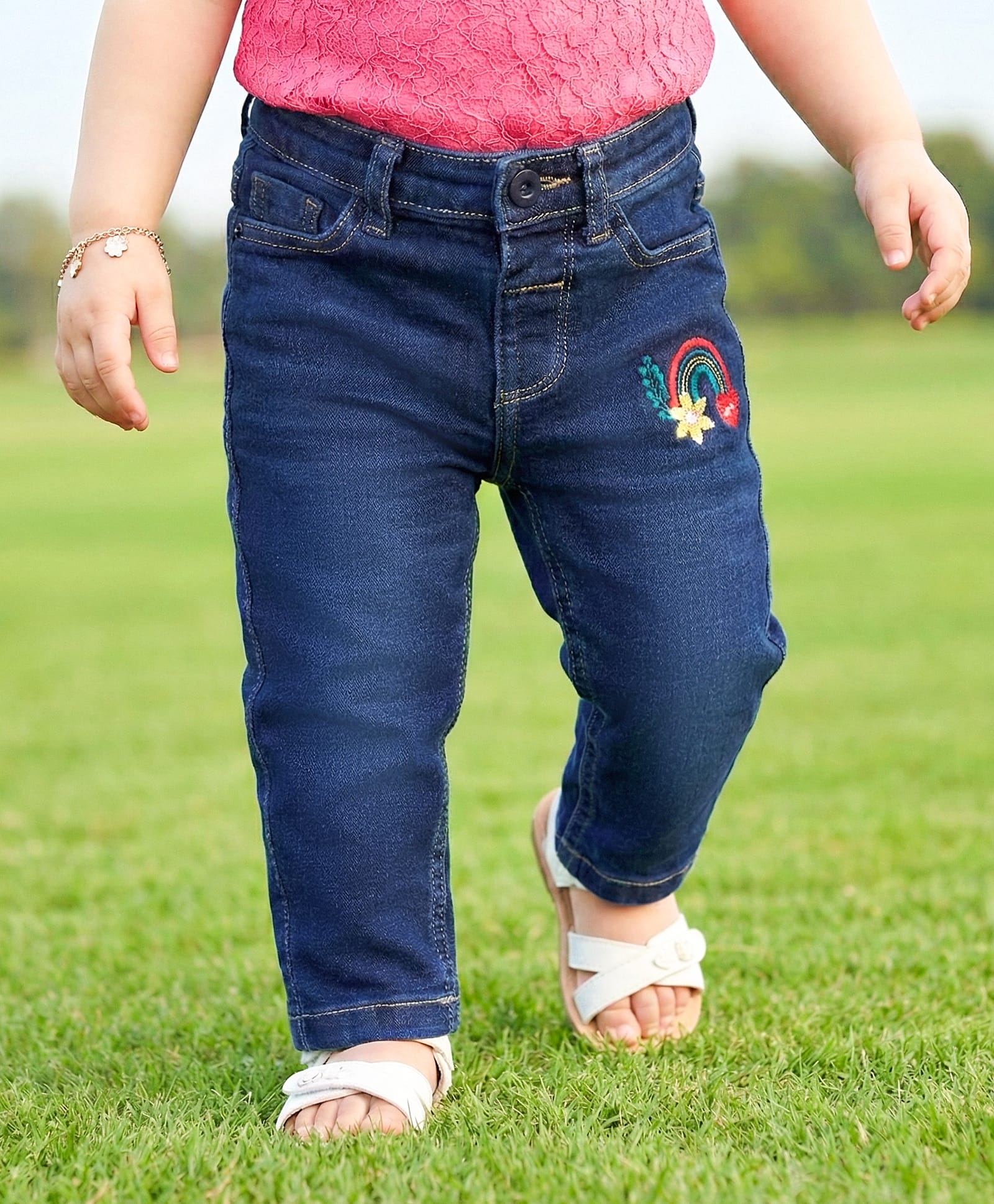 Babyoye Cotton Woven Full Length Jeans with Rainbow Embroidery - Blue-picture-19