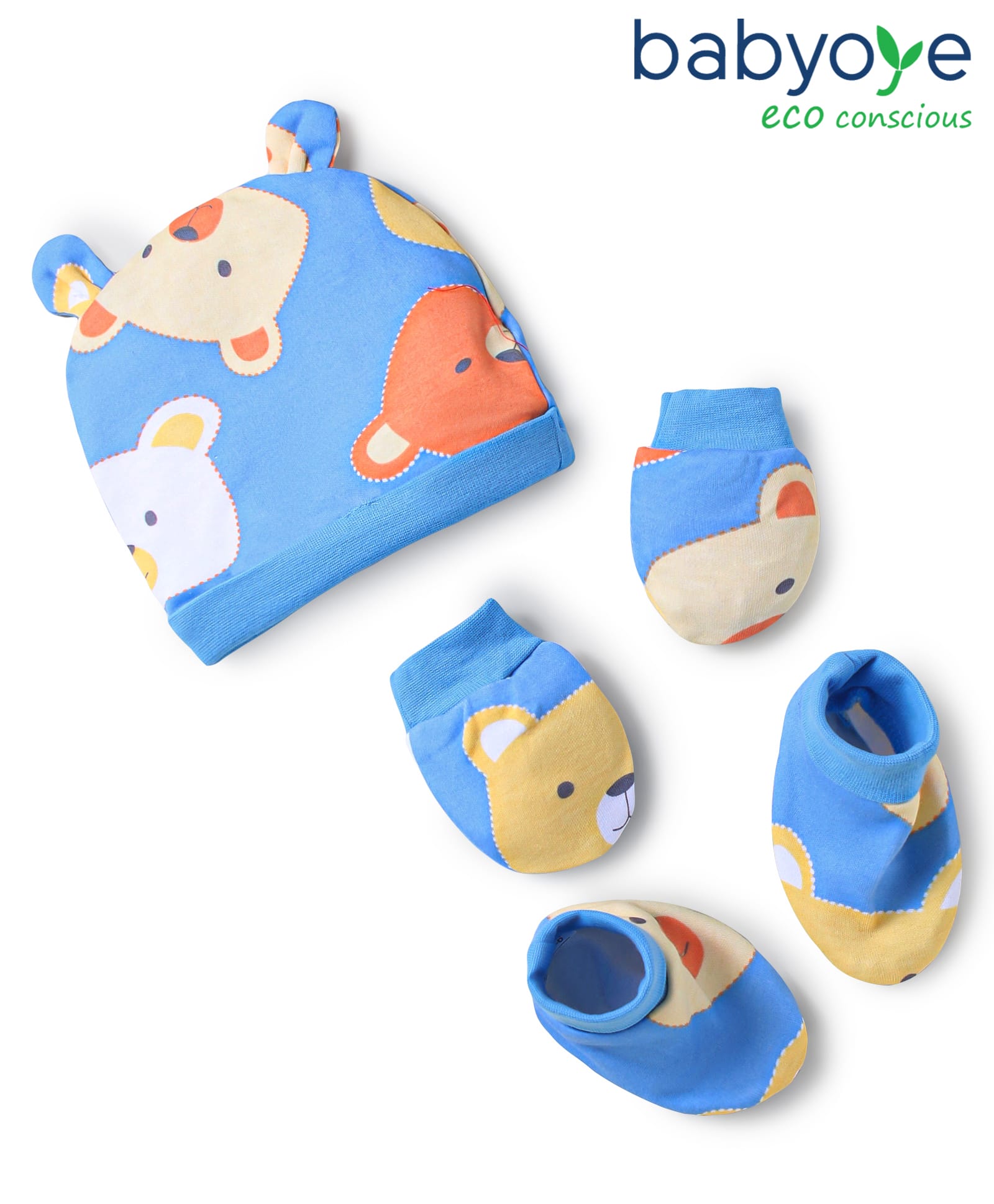 Babyoye 100% Cotton Knit Eco Jiva Finish Cap Mitten & Booties Set with Bear Print Blue - Diameter 10.5 cm-image-32