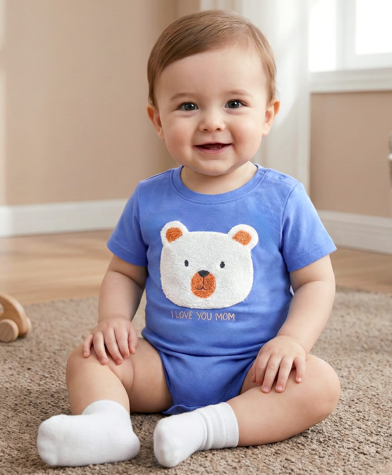 Babyoye 100% Cotton With Eco Jiva Finish Half Sleeves Onesie With Bear Patch - Blue-picture-20