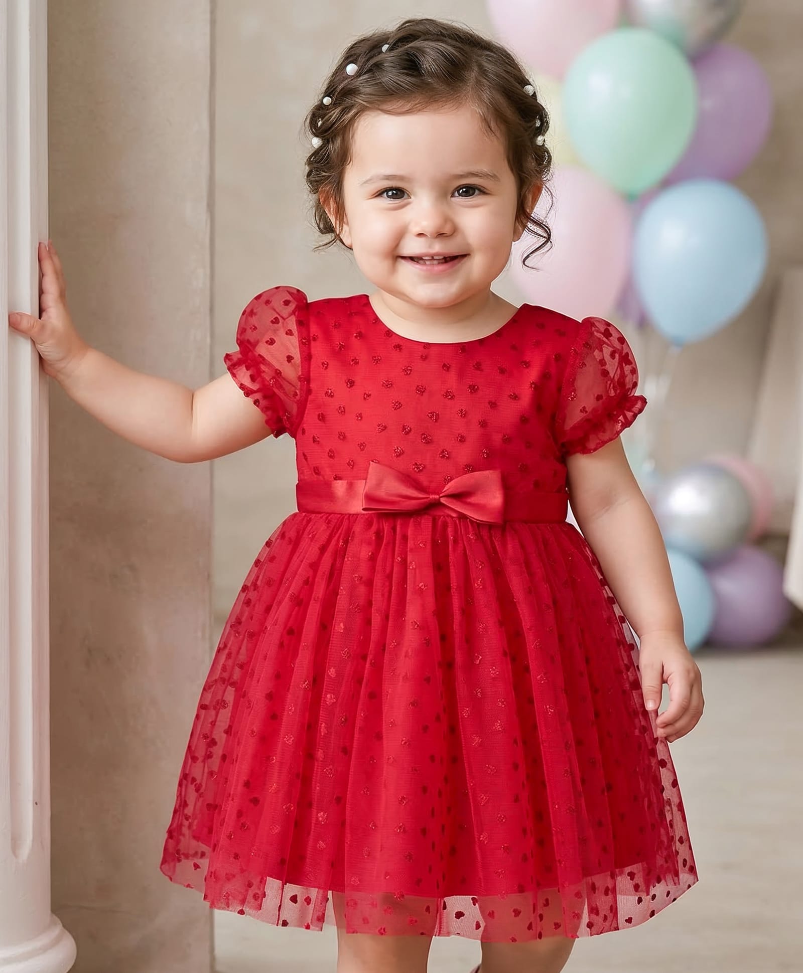 Babyhug Woven Half Puffed Sleeves Heart Designed Fit & Flared Party Dress with Bow Applique - Red-image-28