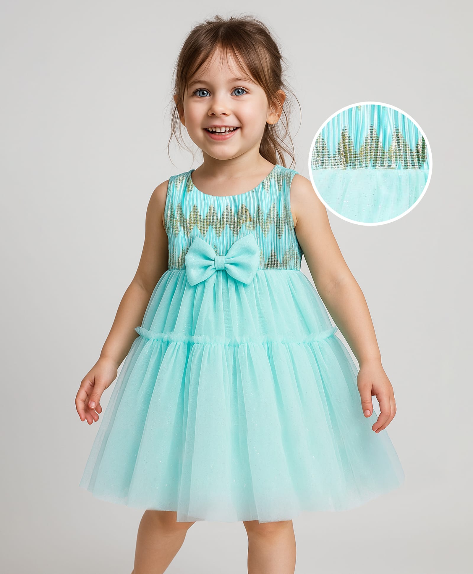 Babyhug Woven Sleeveless Shimmer Mesh Dress with Bow Applique & Designer Yoke - Aqua Blue-image-47