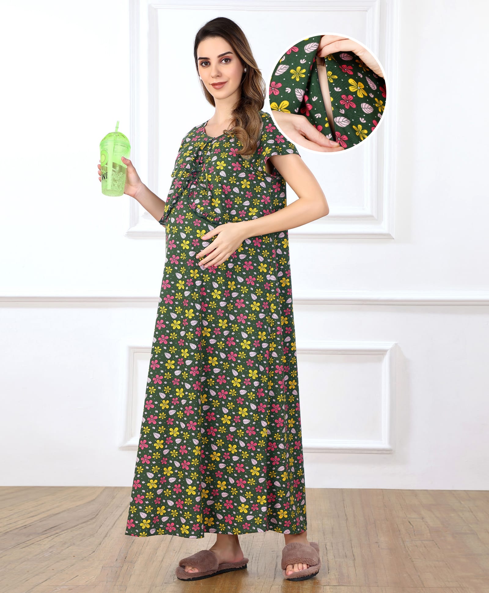 Bella Mama Woven Half Sleeves Floral Printed Nursing Nighty with Concealed Zipper - Olive Green-picture-16