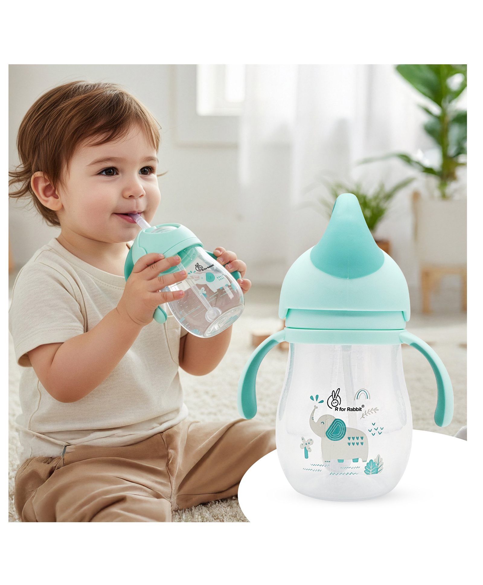 R for Rabbit Trunky Premium Baby Straw Sipper with Anti Gravity Ball& Elephant Print Lake Blue - 320 ml-picture-35