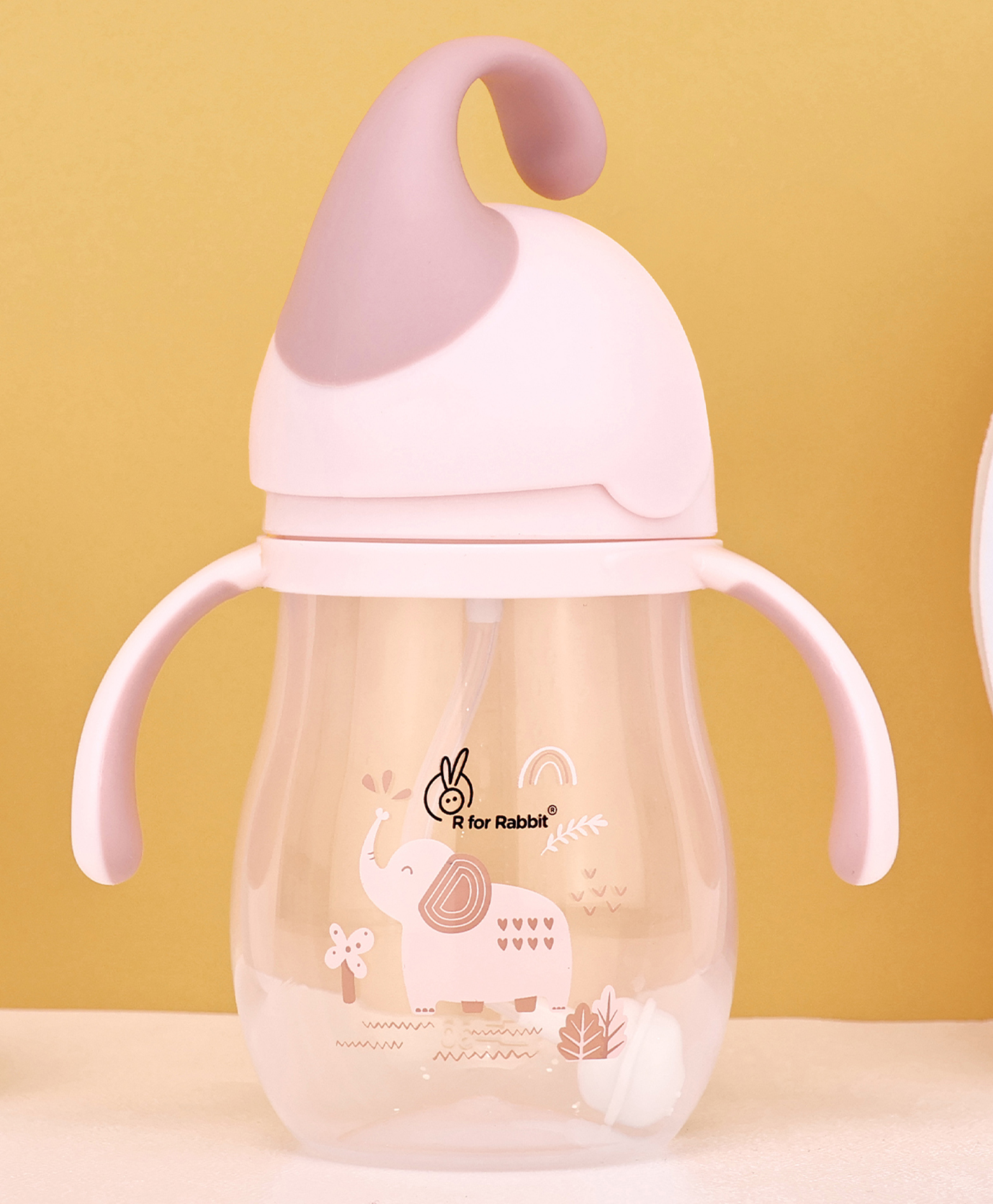 R for Rabbit Trunky Premium Baby Straw Sipper with Anti Gravity Ball & Elephant Print Pink - 320 ml