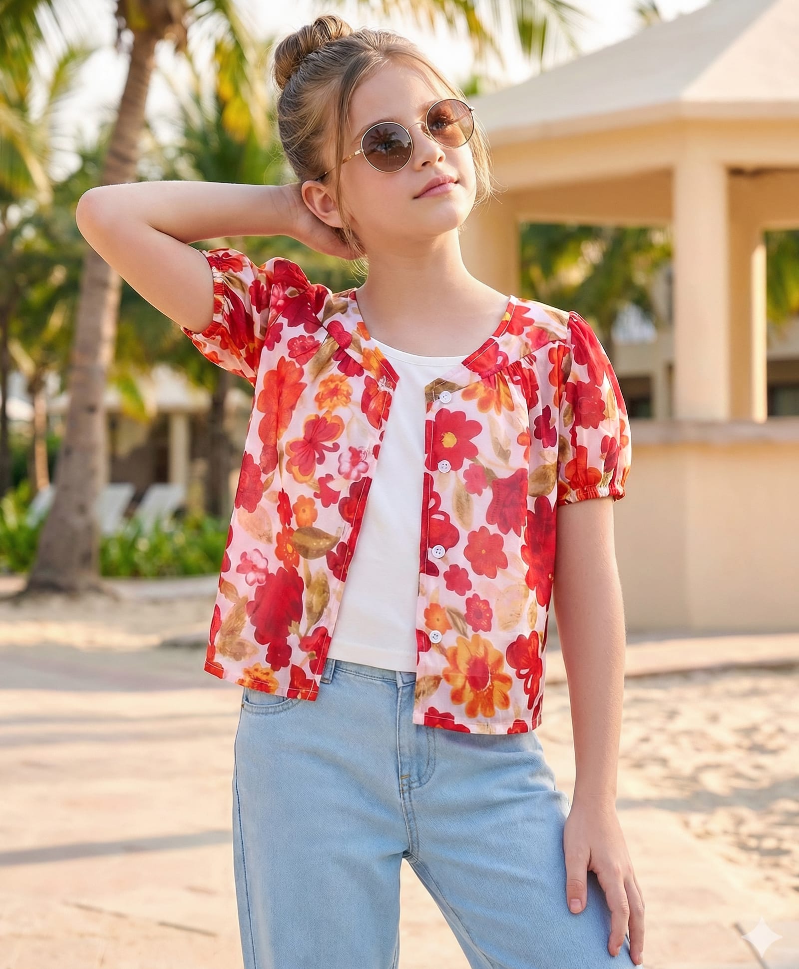 Pine Kids Woven Half Sleeves Top With Floral Print - Red-picture-36