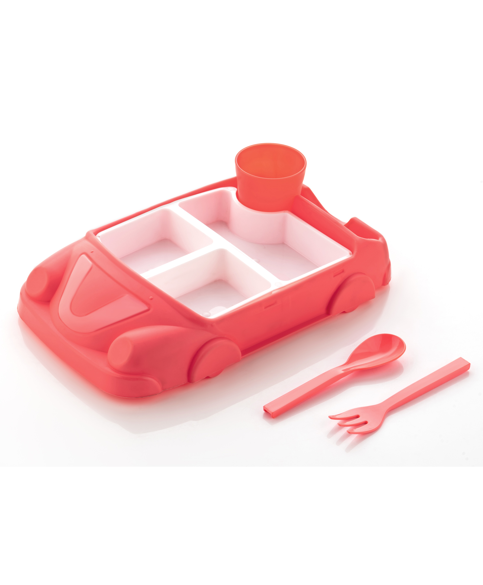 Enorme Car Shape Snacks Tray Plate with 3 Compartments, 2 Spoons and 1 Glass, BPA Free Made with High Quality Plastic for Kids - Red-image-18