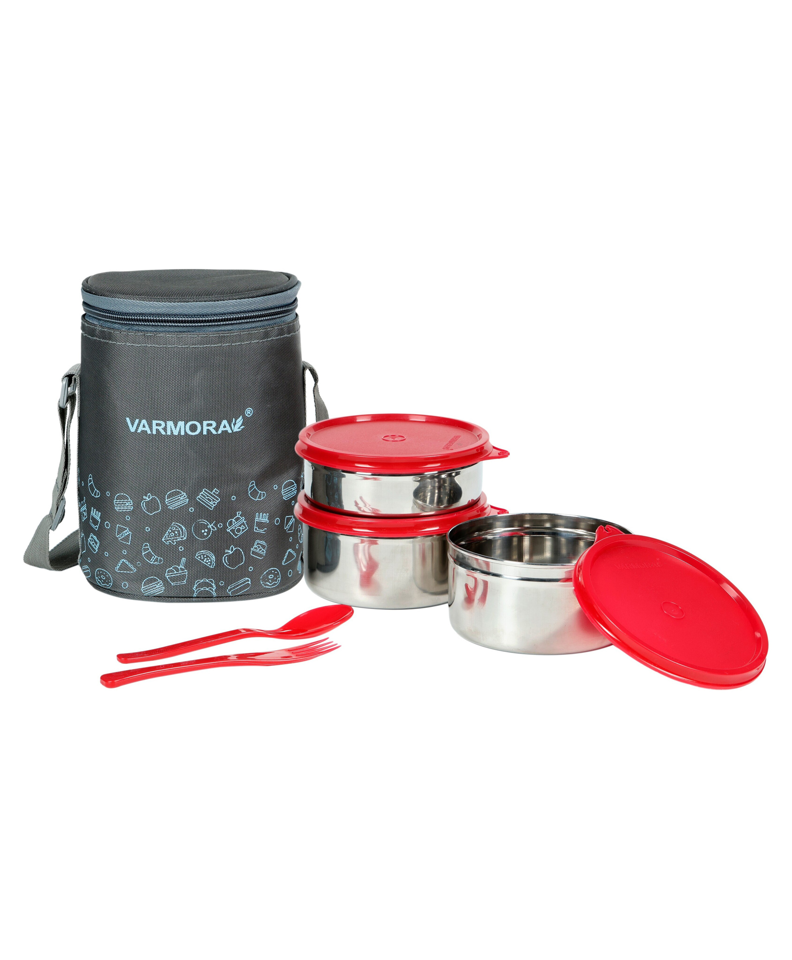 Varmora HomewareSS Jumbo Trio Printed Assorted Stainless Steel Lunch Box For Office - Set Of 3 - Raspberry Pink-image-35