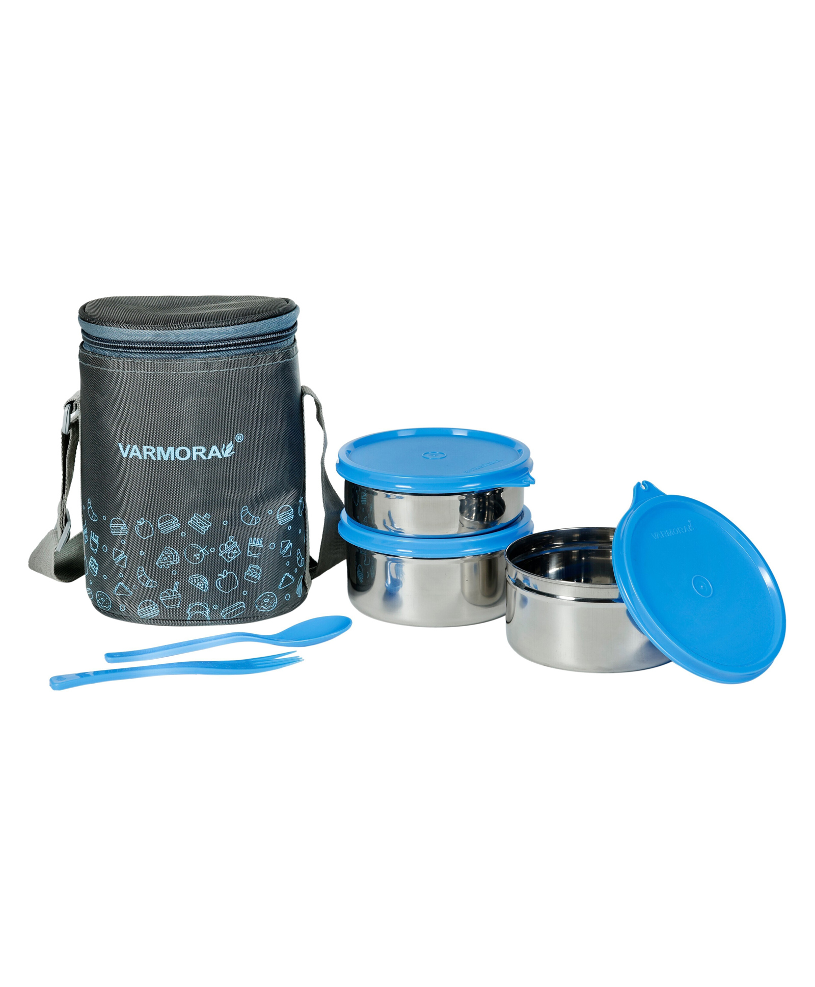 varmora homeware Varmora HomewareSS Jumbo Trio Printed Assorted Stainless Steel Lunch Box For Office - Set Of 3 - Blue-picture-23