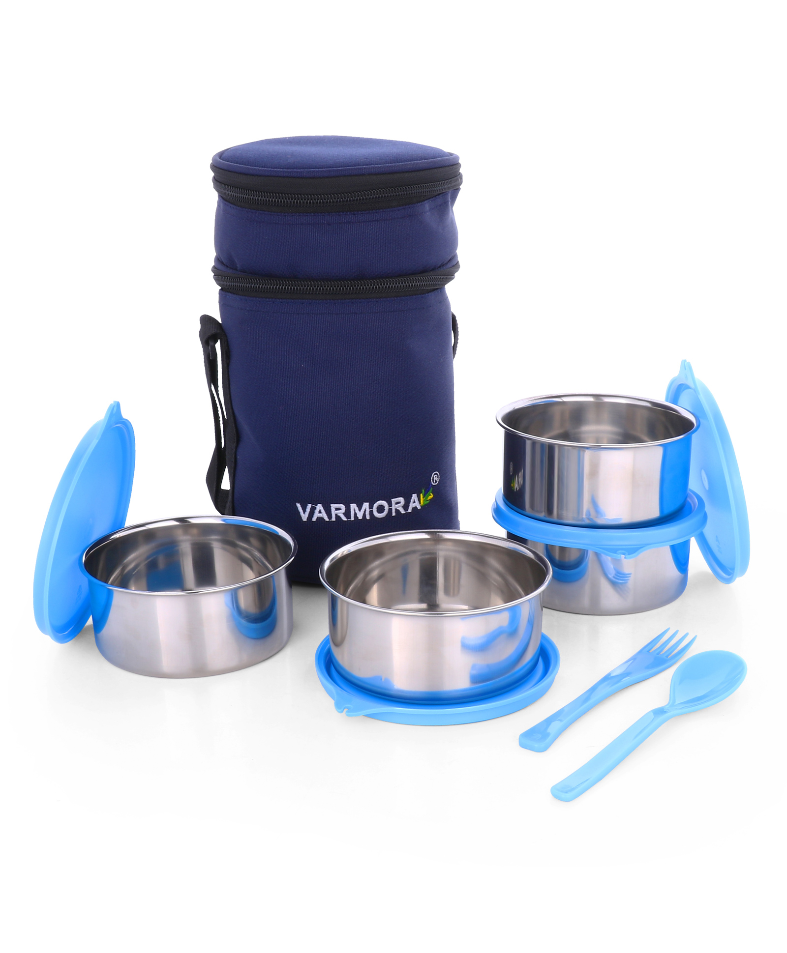 varmora homeware Varmora HomewareQuattro Stainless Steel Lunch Box For Office Set of 4 Lunch Bag Included - Blue-picture-29