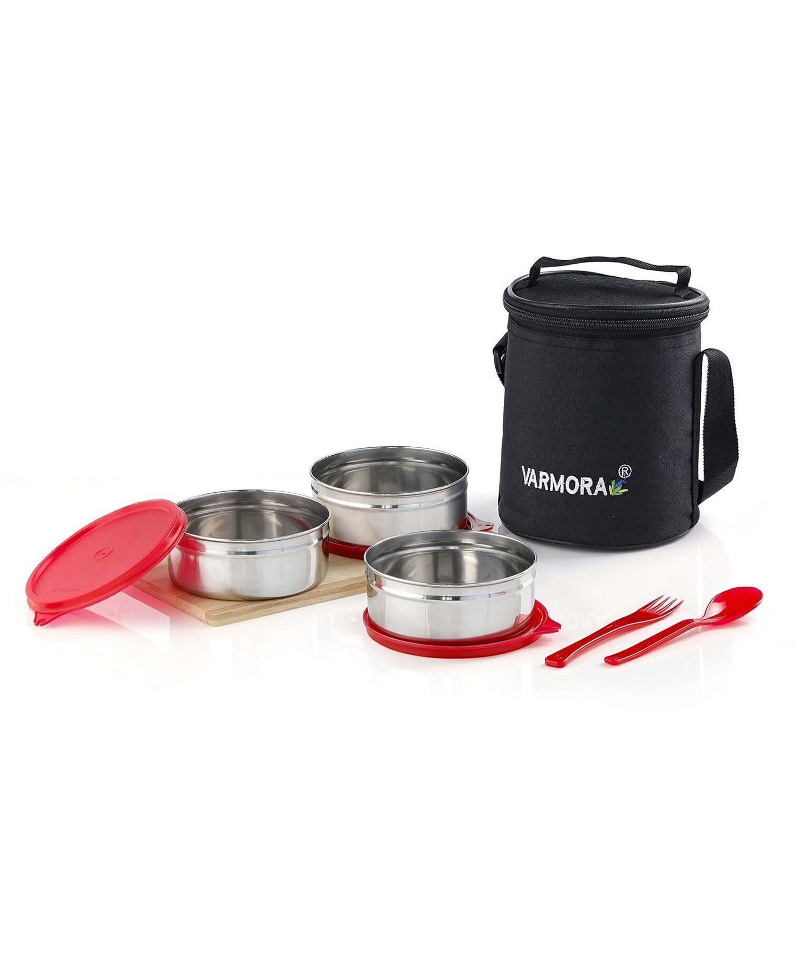 VarmoraTrio Stainless Steel Insulated Lunch Box 3 Containers Lunch Bag Included - Raspberry Pink-image-5