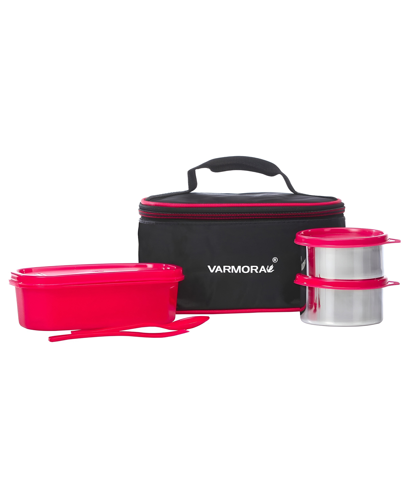 Varmora Homeware SS Duo Stainless Steel Lunch Box 3 Airtight & Leak Proof Containers ColorRaspberry Pink-image-2