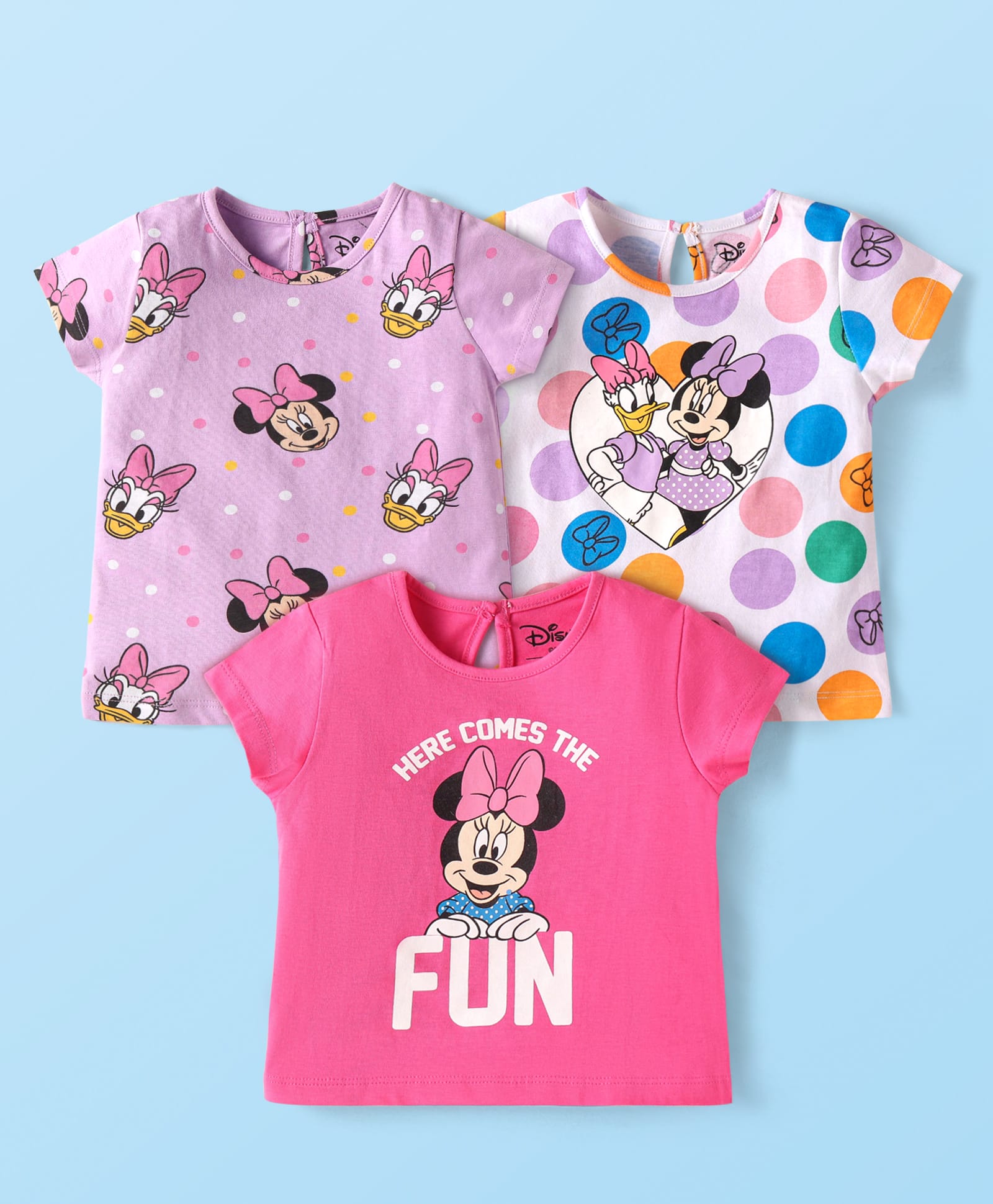 Babyhug Disney Single Jersey Knit Half Sleeves T-Shirt with Minnie Mouse Graphics Pack of 3 - Lavender Pink & White-image-43