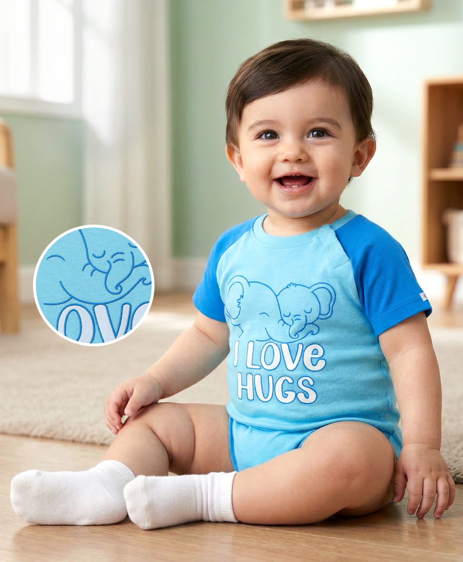 Babyoye 100% Cotton Knit Half Raglan Sleeves Eco Jiva Finish Onesie with Elephant Print - Light Blue-image-49