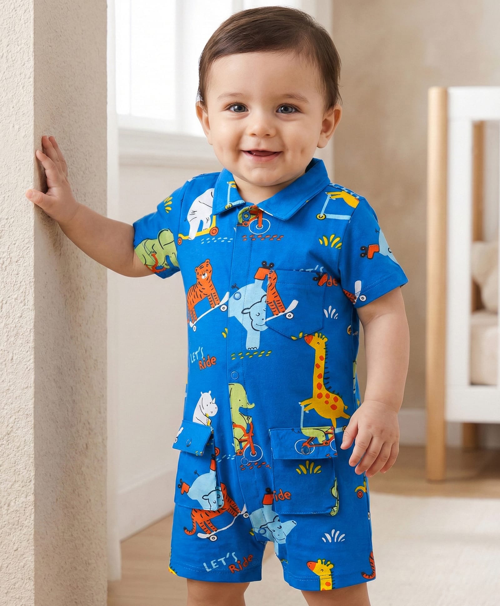 Babyoye 100% Cotton Knit Half Sleeves Eco Jiva Finish Front Open Romper with Animal Print - Blue-image-43