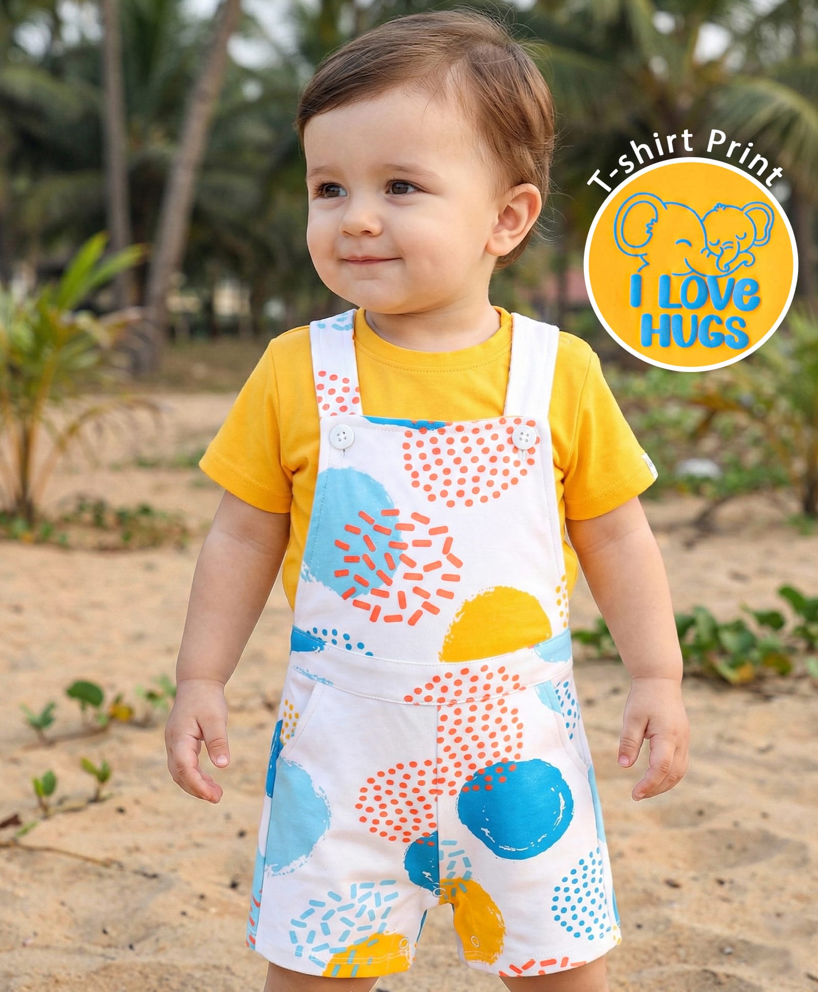Babyoye 100% Cotton Knit Half Sleeves Eco Jiva Finish T-Shirt & Dungarees Set with Elephant Puff Print - Yellow & White