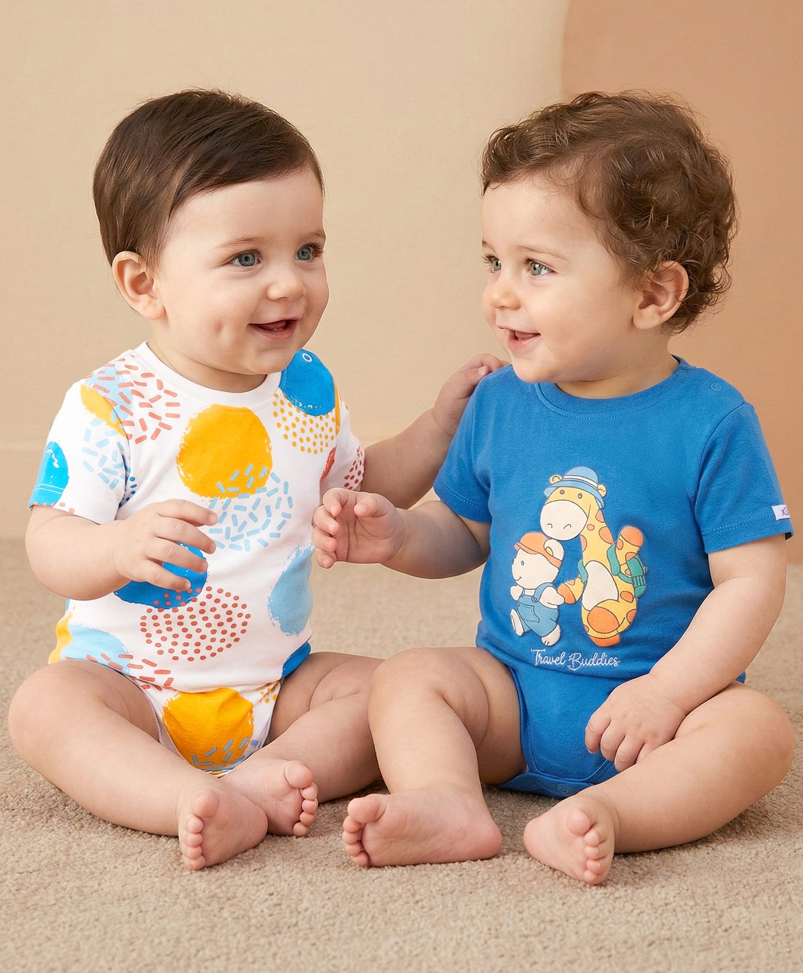 Babyoye Interlock Knit Half Sleeves Onesies With Animal Print Pack of 2 - Blue & White-picture-34