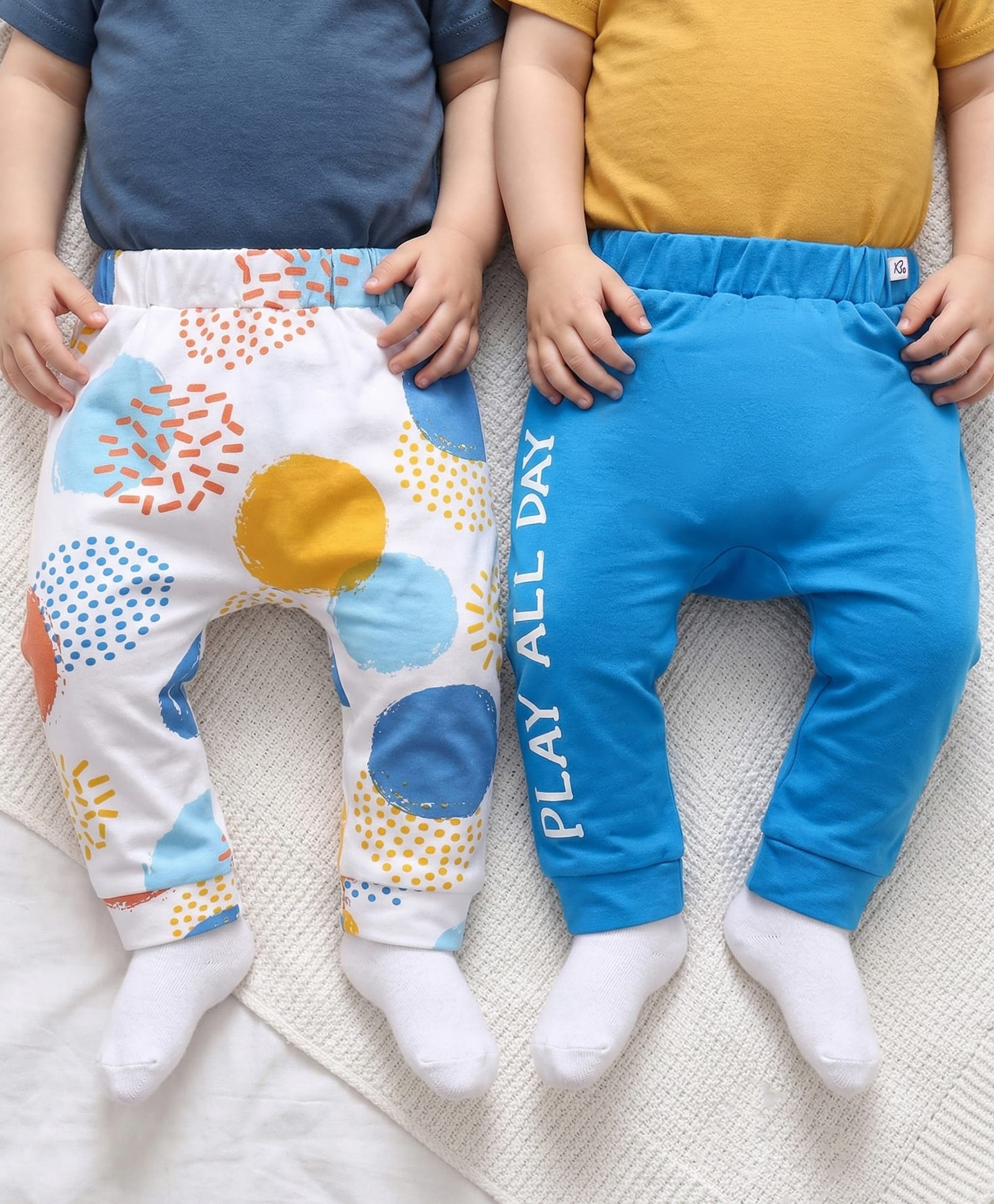 Babyoye 100% Cotton Knit Full Length With Eco Jiva Finish Diaper Leggings with Text Print Pack of 2 - White & Blue-picture-23