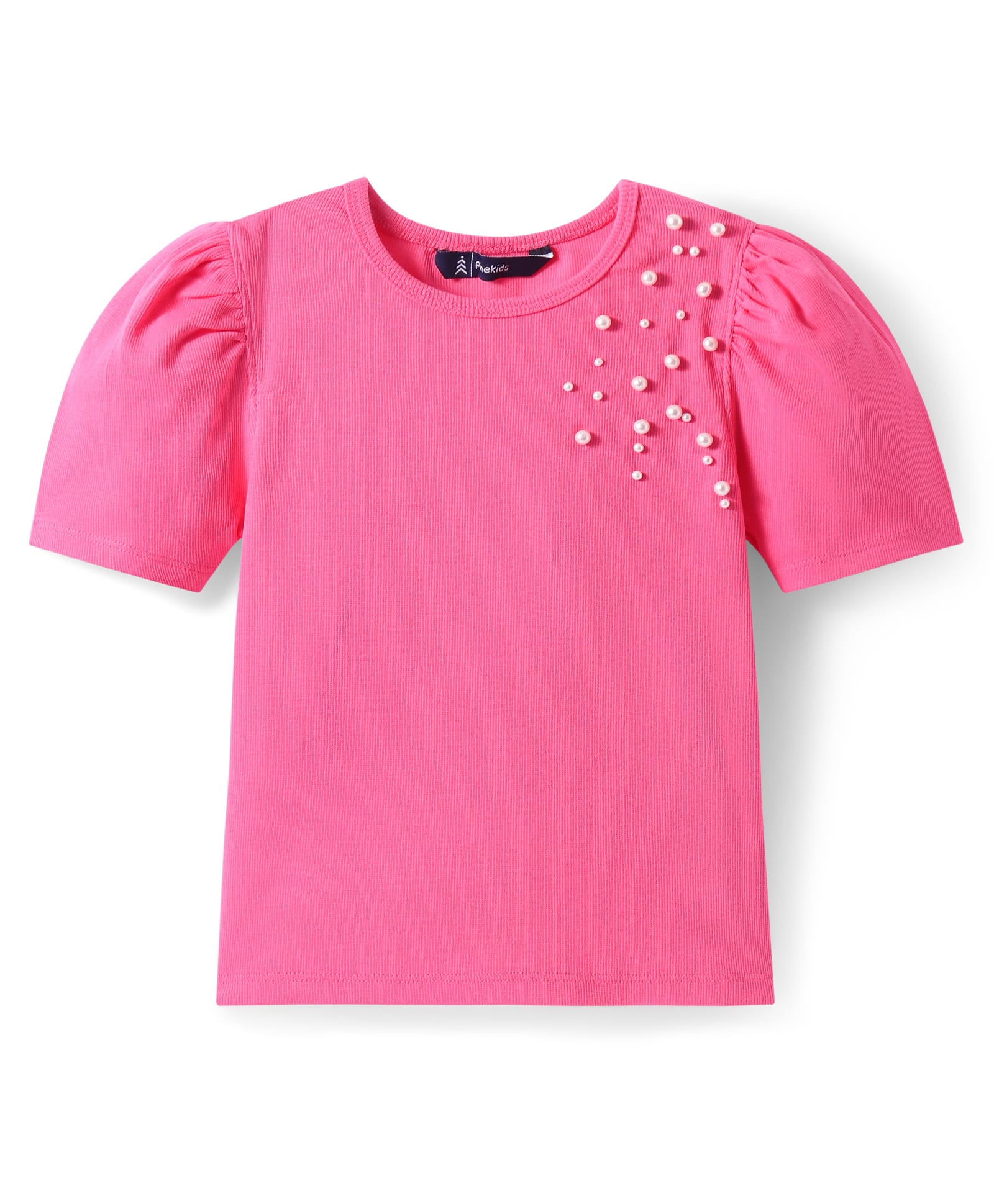 Pine Kids Cotton Knit Half Puffed Sleeves Top with Pearls Detailing - Dark Pink-picture-20