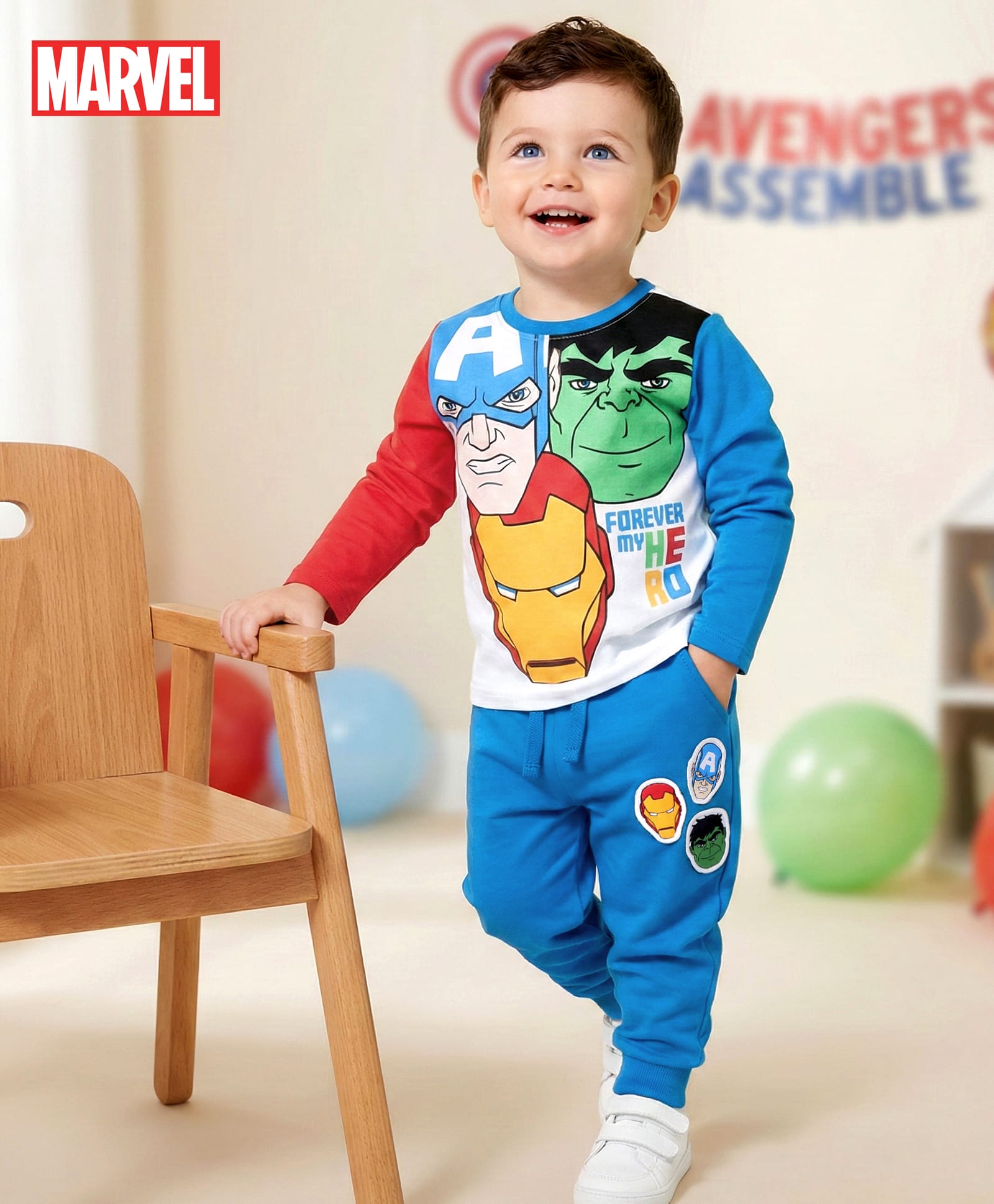 Babyhug Marvel Single Jersey Knit Full Sleeves T-shirt & Lounge Pant Set With Avengers Graphics & Badge Detailing - White Red & Blue-picture-38