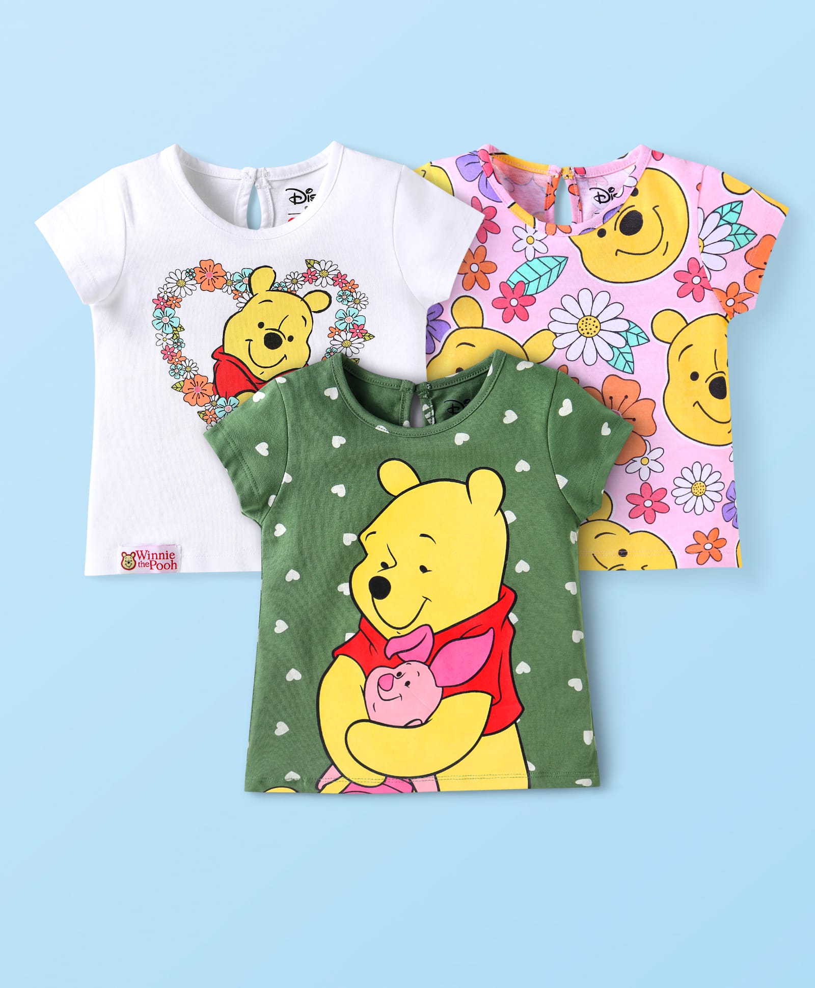 Babyhug Disney Single Jersey Knit Half Sleeves T-Shirts with Winnie the Pooh Graphics Pack of 3 - White Pink & Green-image-46