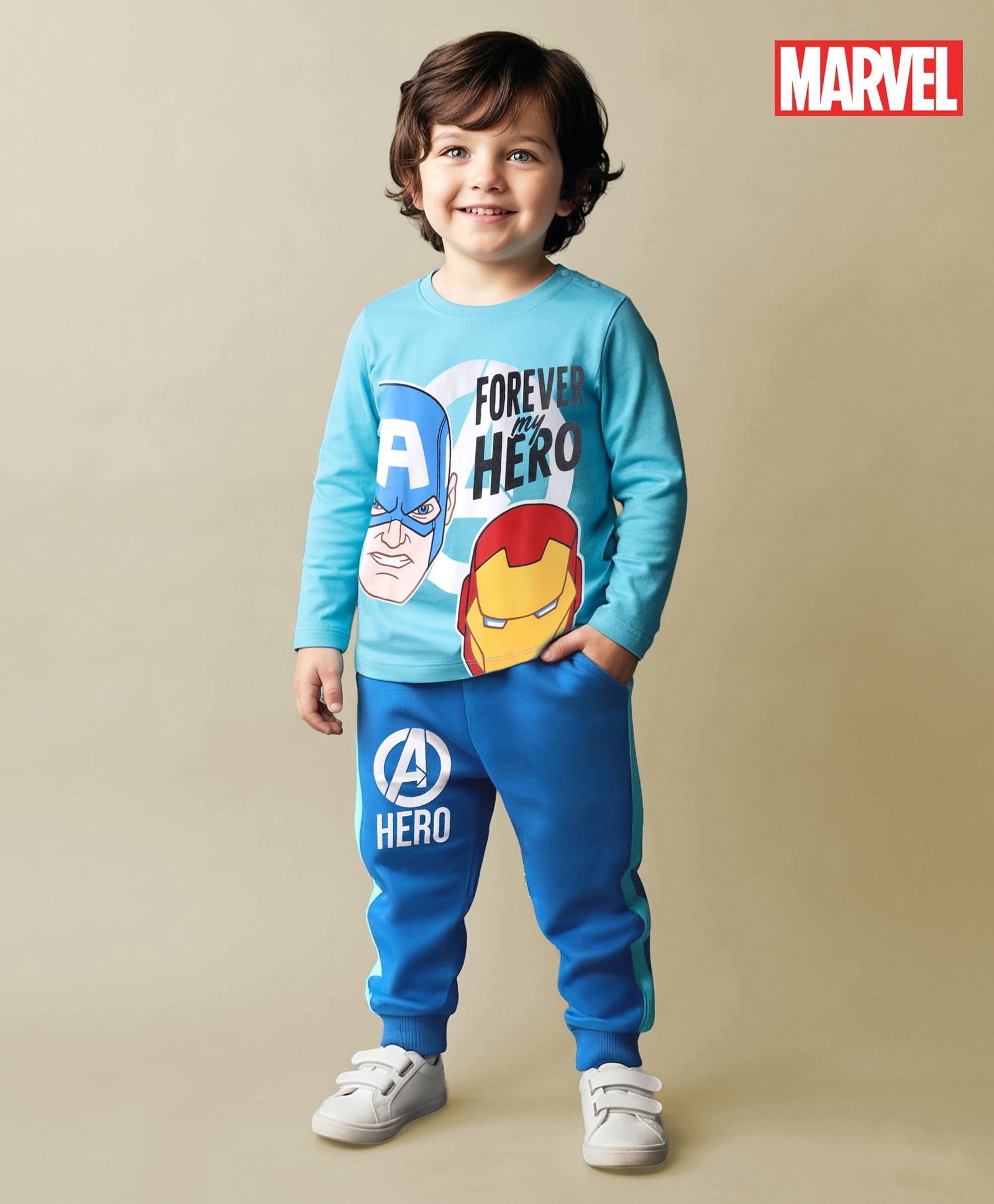 Babyhug Marvel Single Jersey Knit Full Sleeves T-Shirt & Lounge Pant Set With Avengers Graphics - Light & Medium Blue-image-40