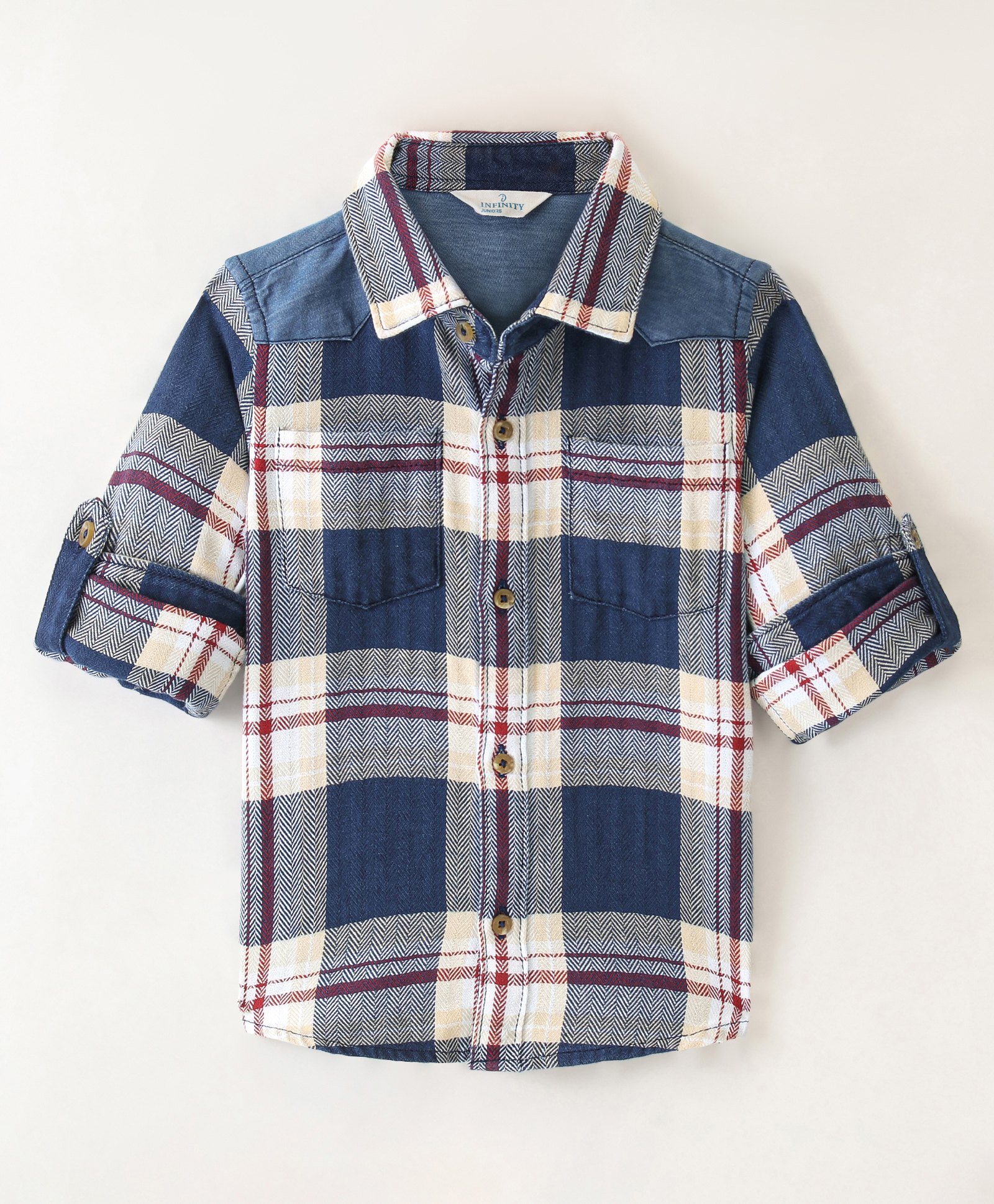INFINITY Indigo Cotton Herringbone Twill Full Sleeves Checks Shirt- Navy With Red-picture-21