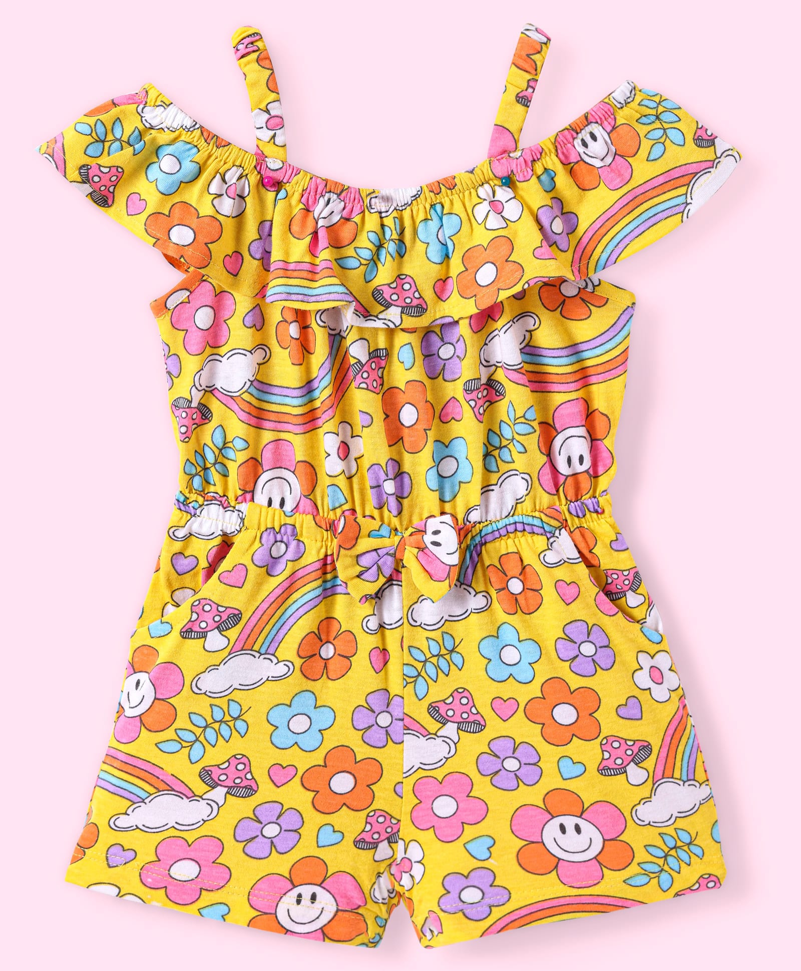 Babyhug Single Jersey Knit Cold Shoulder Sleeves Jumpsuit with Floral Print & Bow Applique - Yellow-image-3