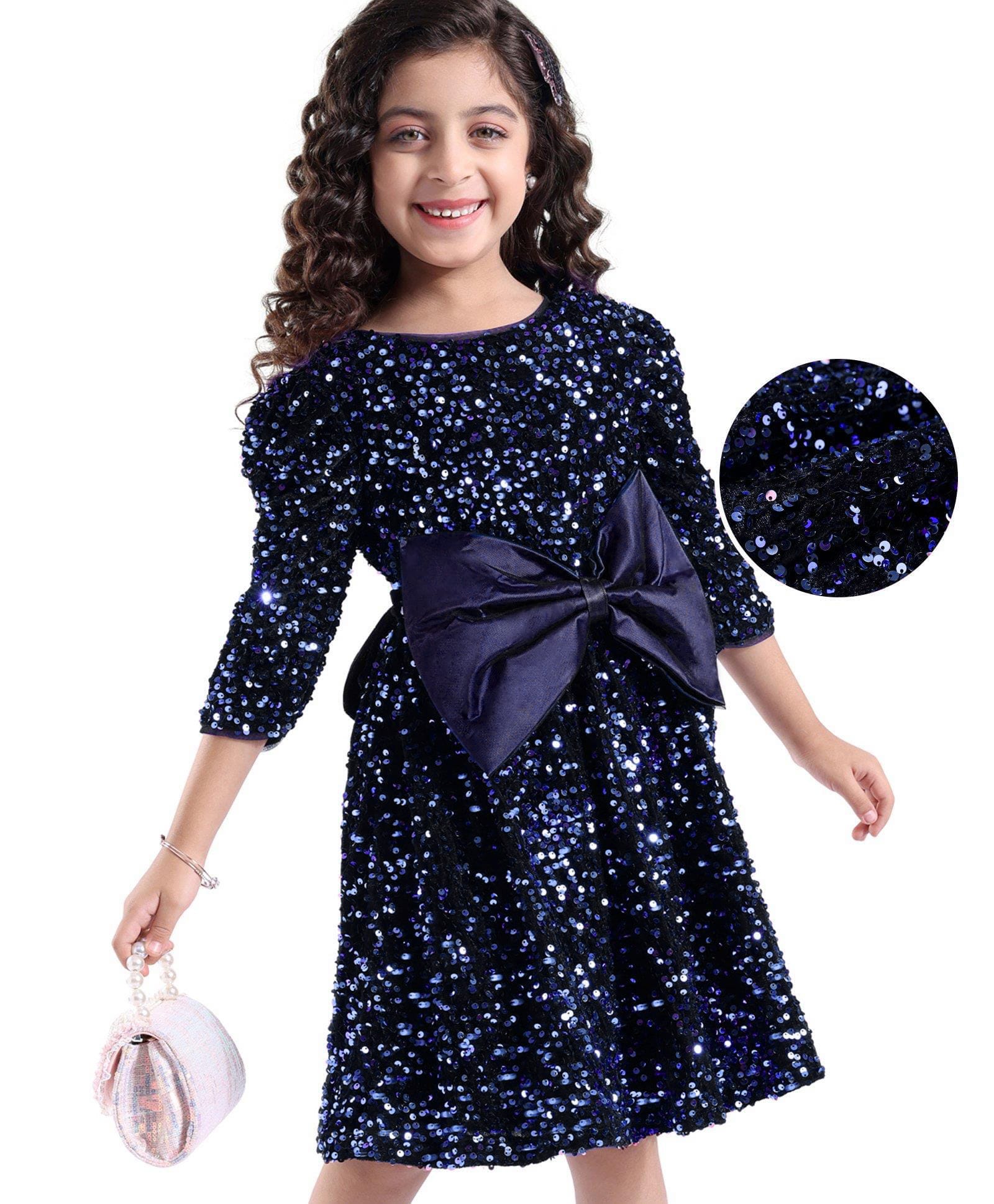 Hola Bonita Knit Three Fourth Sleeves Sequined Velvet Party Dress with Bow Applique - Navy Blue-picture-17
