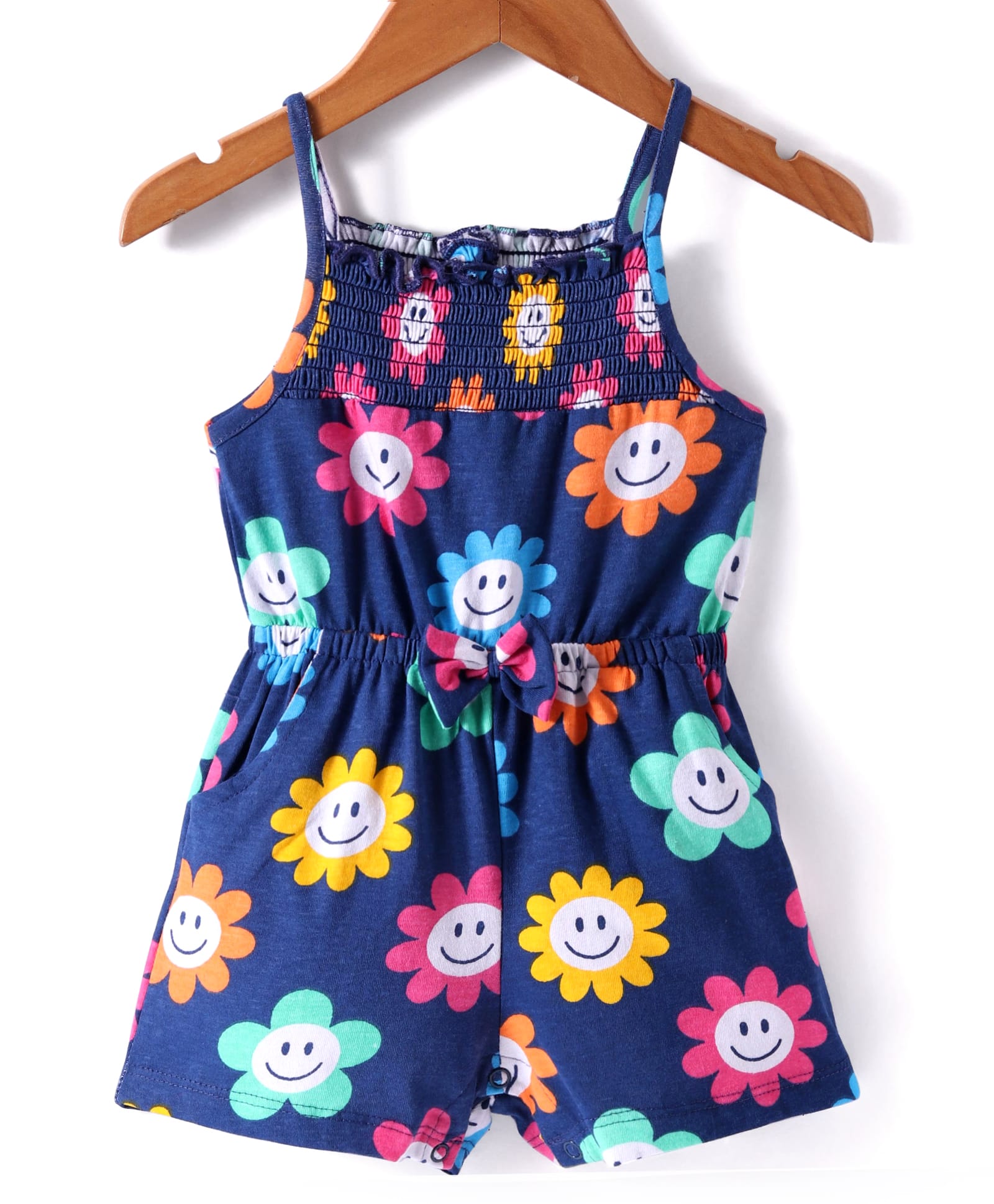Babyhug Single Jersey Knit Singlet Sleeves Floral Printed Jumpsuit with Pockets - Navy Blue-picture-27