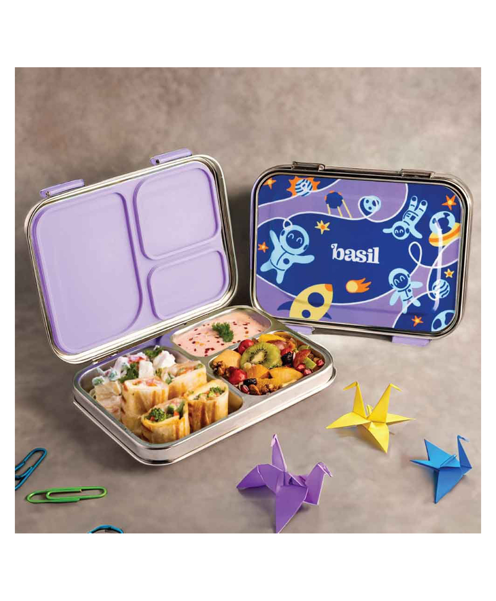 Basil Stainless Steel  3 Compartment Bento Lunch Box for Kids - Blue Space