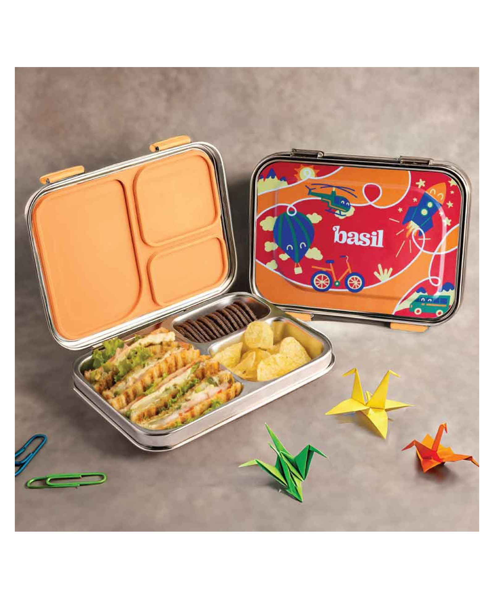 Basil Stainless Steel  3 Compartment Bento Lunch Box for Kids - Red Adventure-picture-10