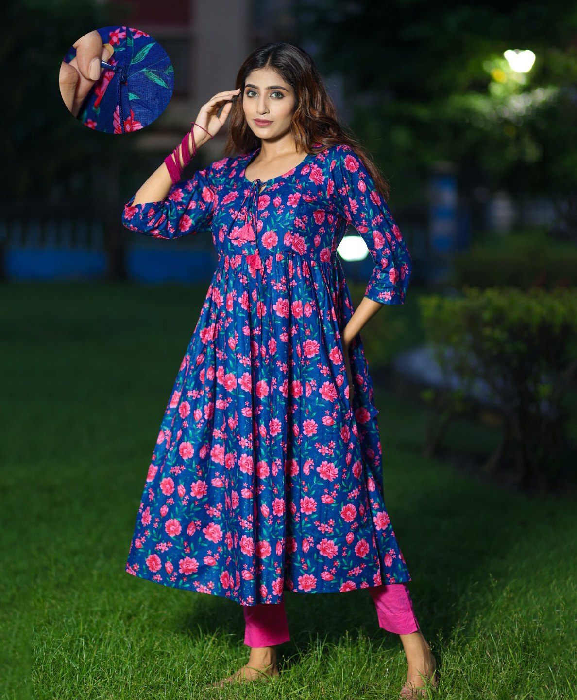 Aujjessa Cotton Three Fourth Sleeves Floral Printed Maternity Kurta With Concealed Zipper Nursing Access  Royal Blue-image-28