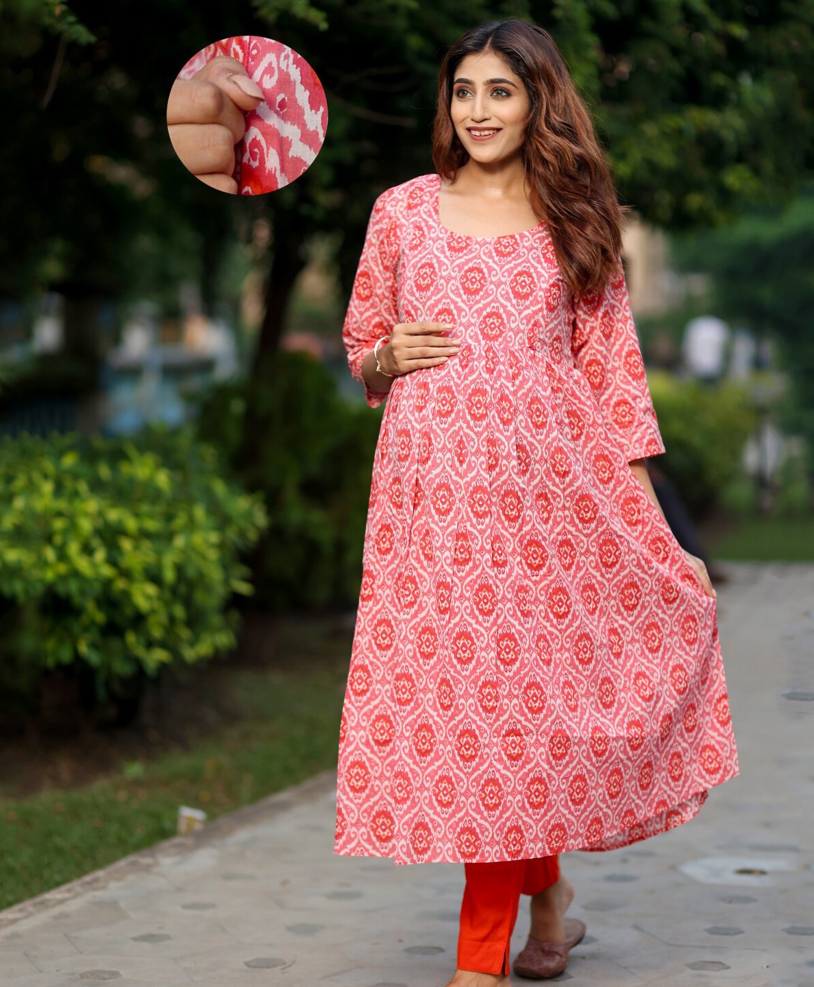 Aujjessa Cotton Three Fourth Sleeves Ethnic Motifs Printed Maternity Kurta With Concealed Zipper Nursing Access  Peach-image-17