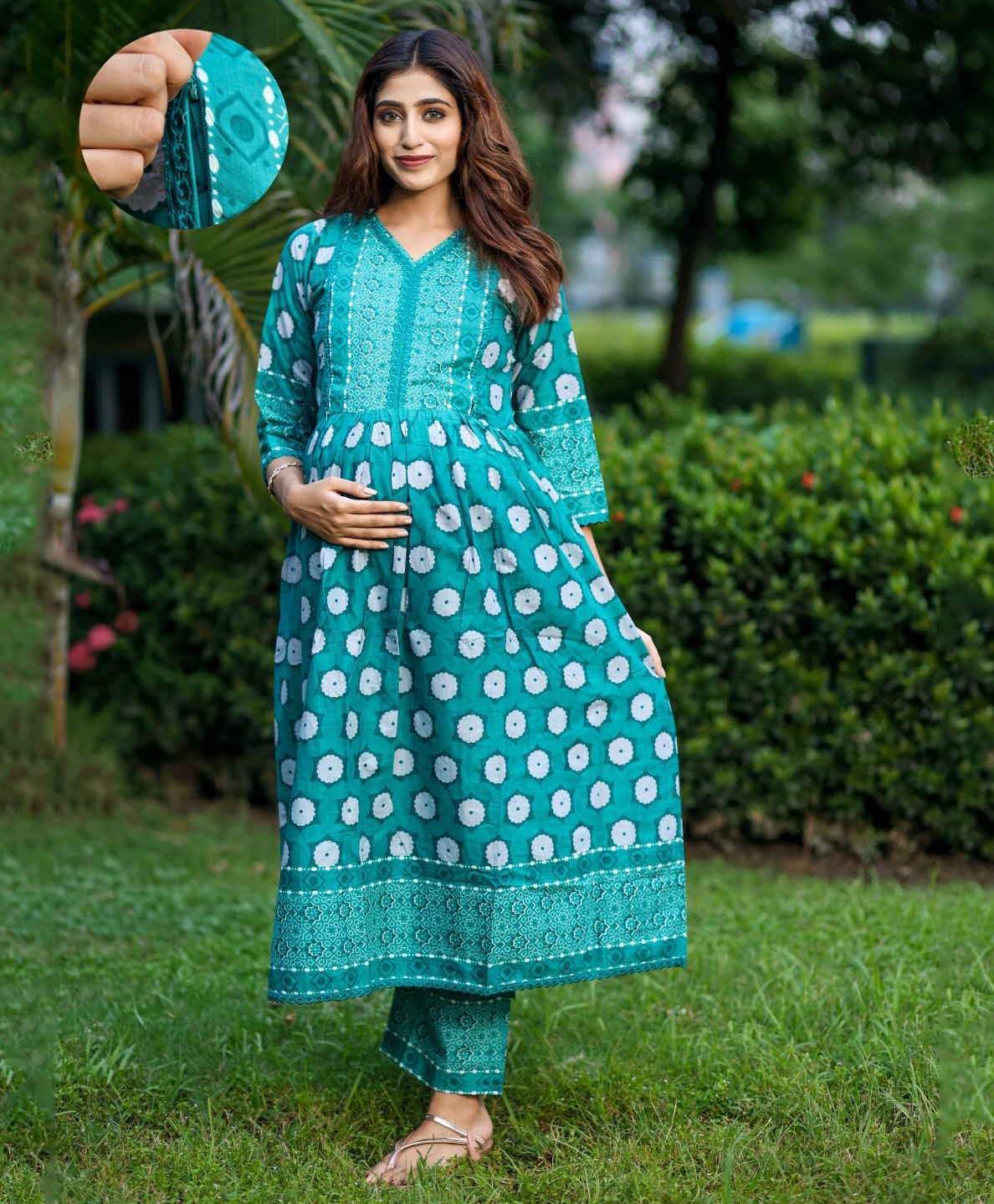 Aujjessa Cotton Three Fourth Sleeves Floral Printed Maternity Kurta Set With Concealed Zipper Nursing Access  Teal Green-image-46