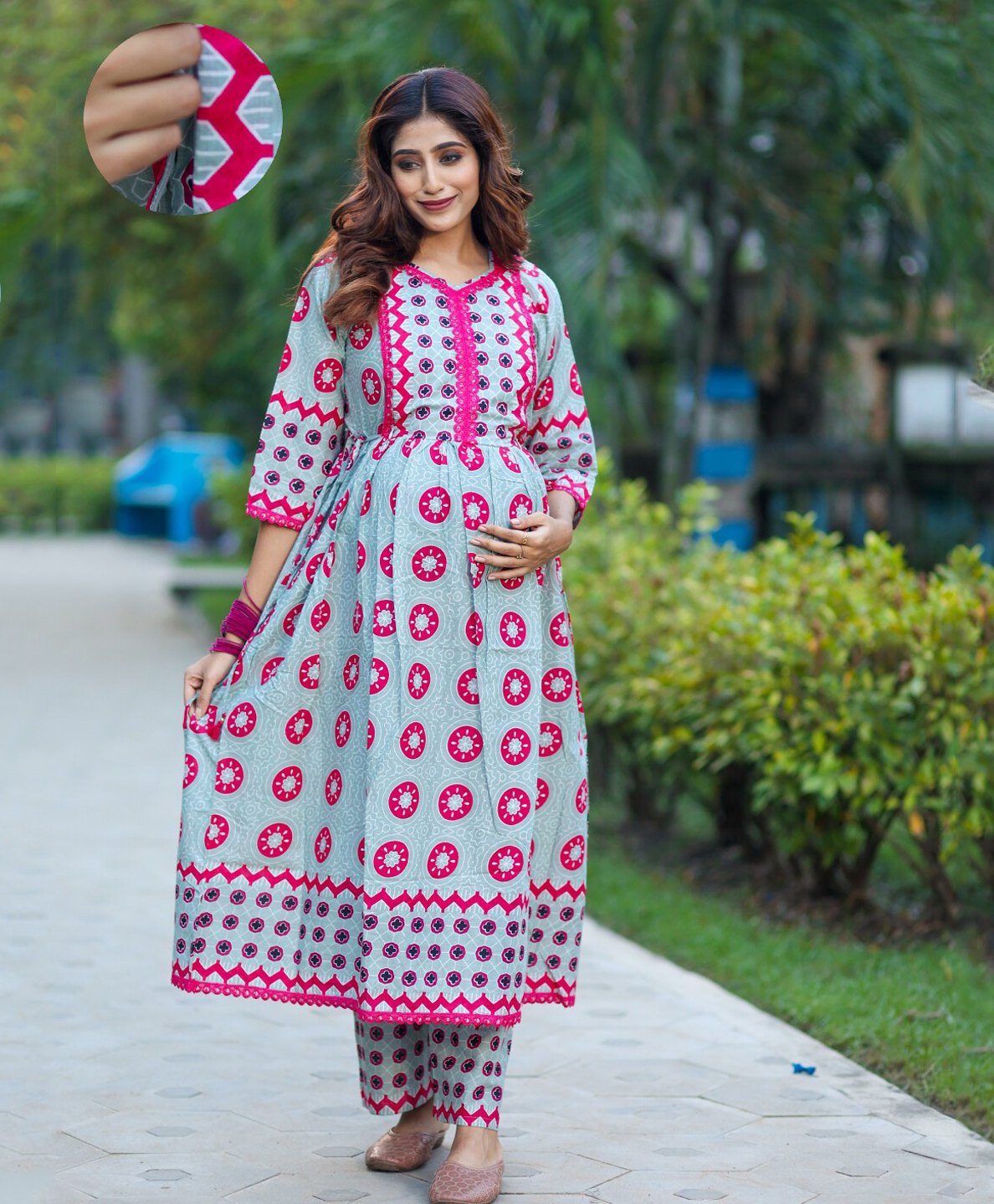 Aujjessa Cotton Three Fourth Sleeves Ethnic Motifs Printed Maternity Kurta Set With Concealed Zipper Nursing AccessGrey Fuchsia
