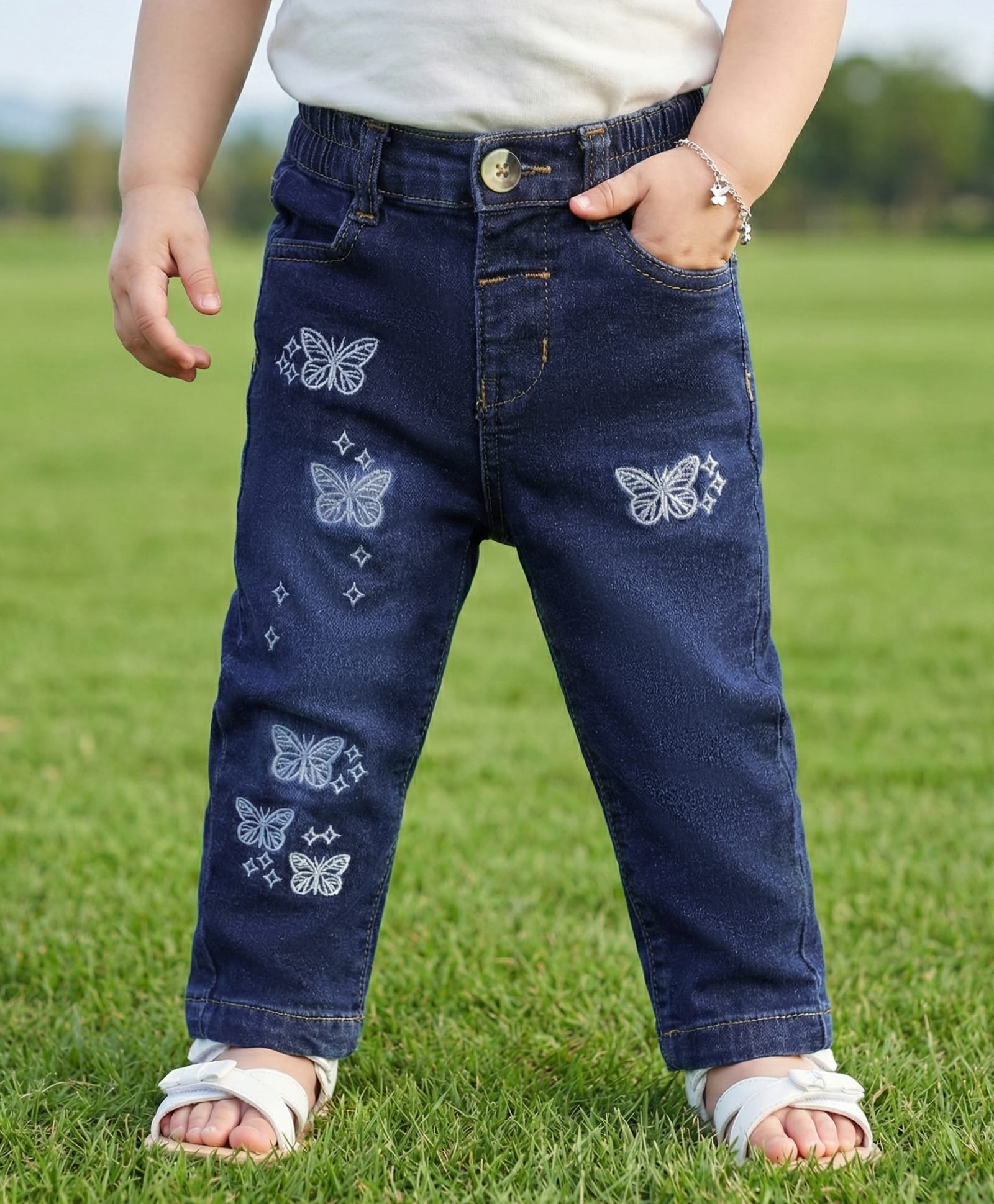 Babyoye Cotton Elastane Denim Woven Washed Jeans with Butterfly Embroidery - Blue-image-17