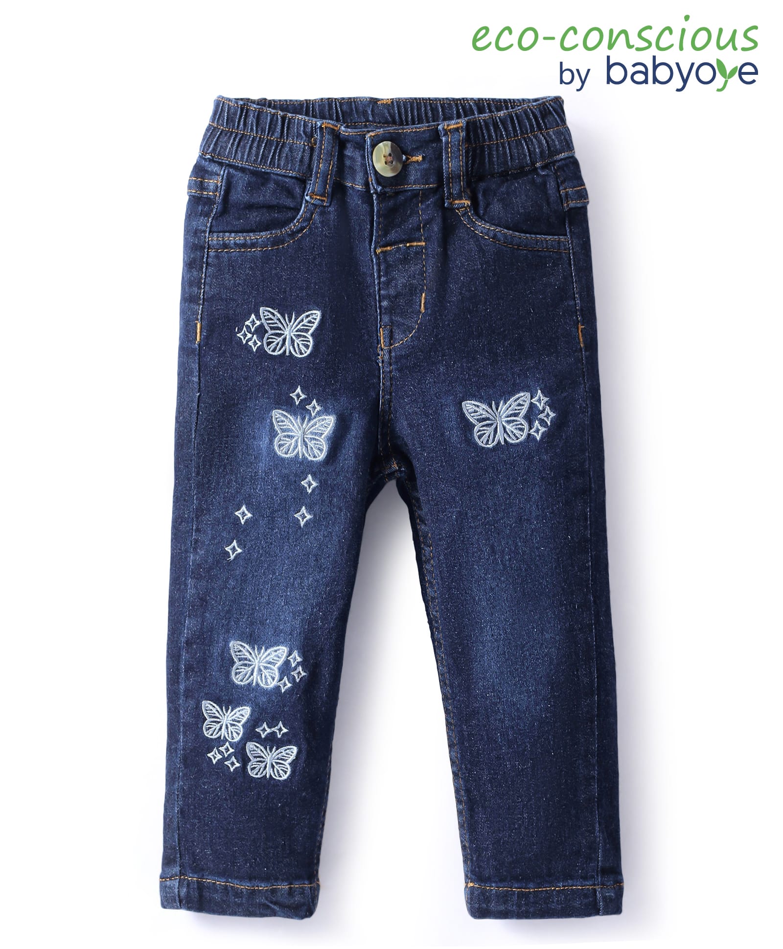 Babyoye Cotton Elastane Denim Woven Washed Jeans with Butterfly Embroidery - Blue-picture-25
