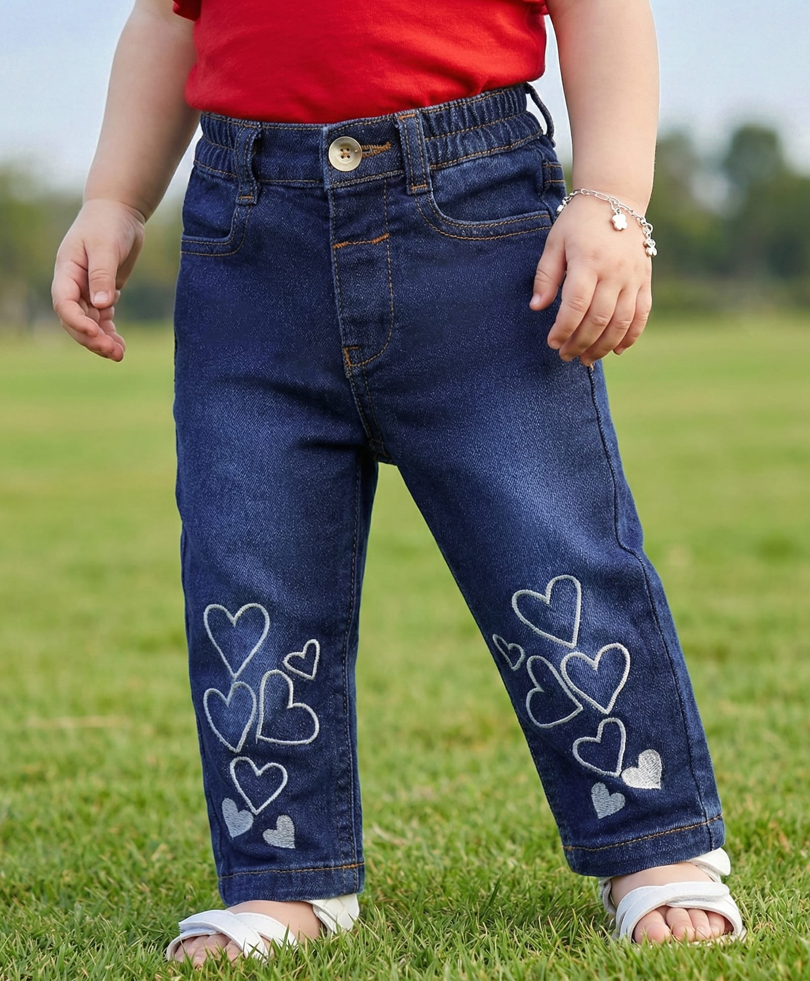 Babyoye Denim Cotton ElasthaneFull Length Jeans with Hearts Print - Navy-picture-20