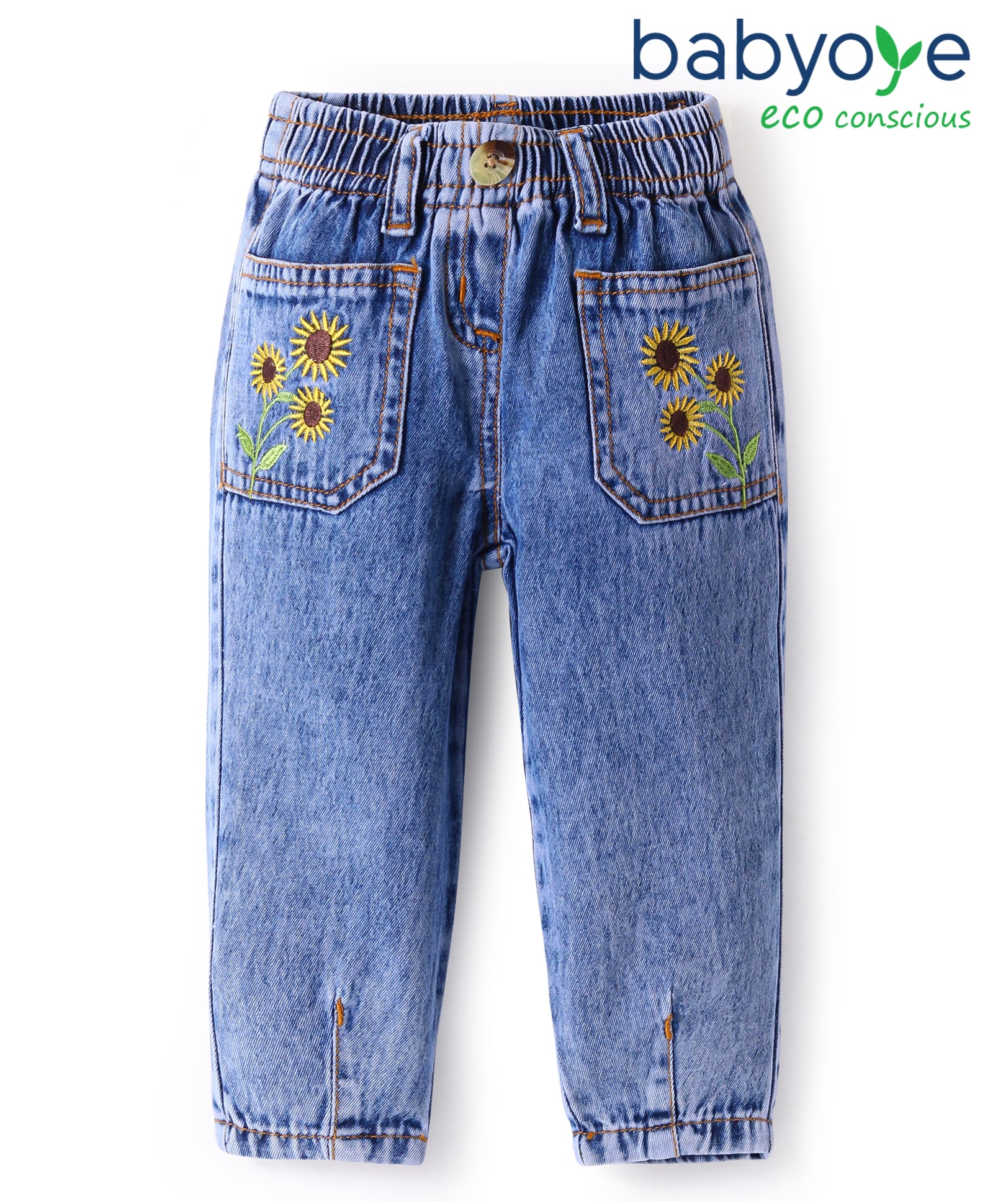 Babyoye Eco Conscious 100% Cotton Woven Full Length Washed Jeans with Floral Embroidery - Blue-picture-15