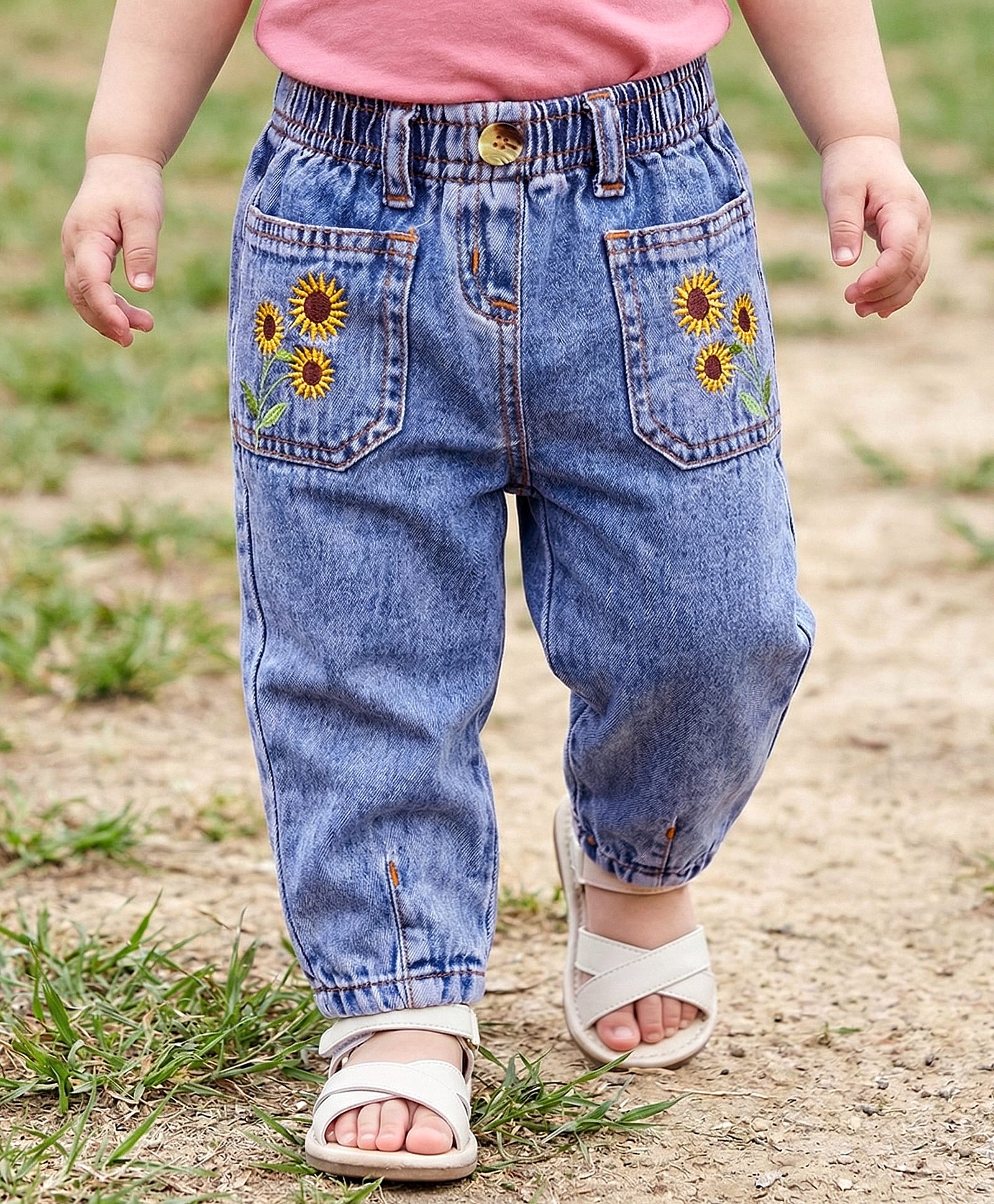 Babyoye Eco Conscious 100% Cotton Woven Full Length Washed Jeans with Floral Embroidery - Blue-picture-27