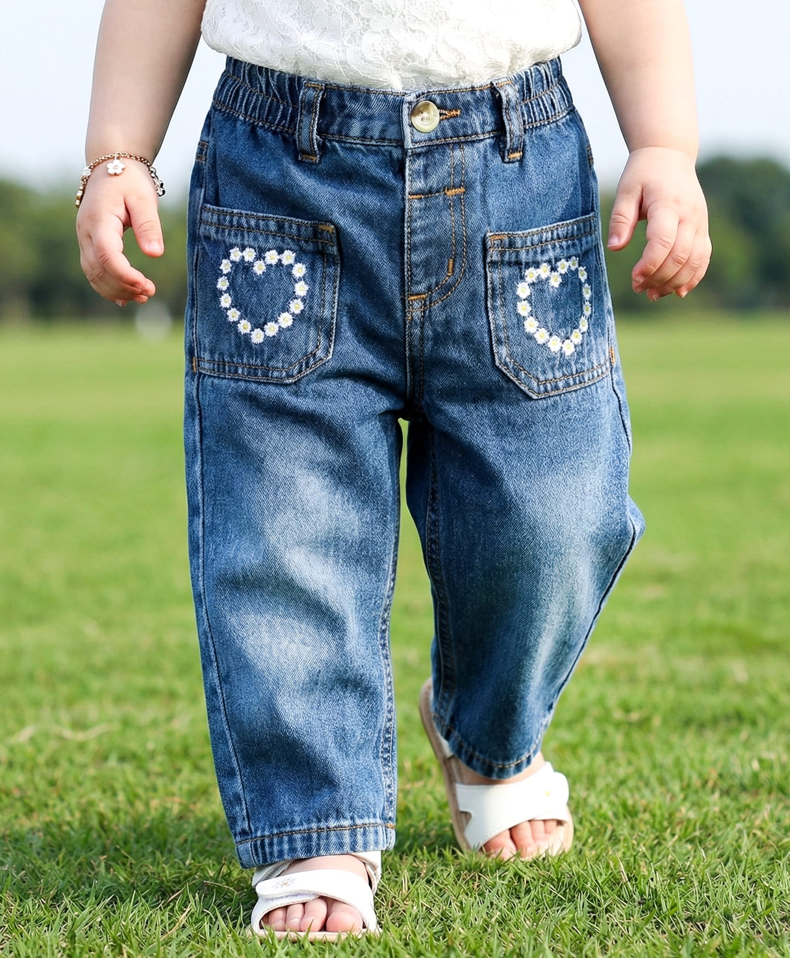 Babyoye 100% Cotton Full Length Jeans With mention Floral Embroidery & Front Pockets - Blue-picture-25