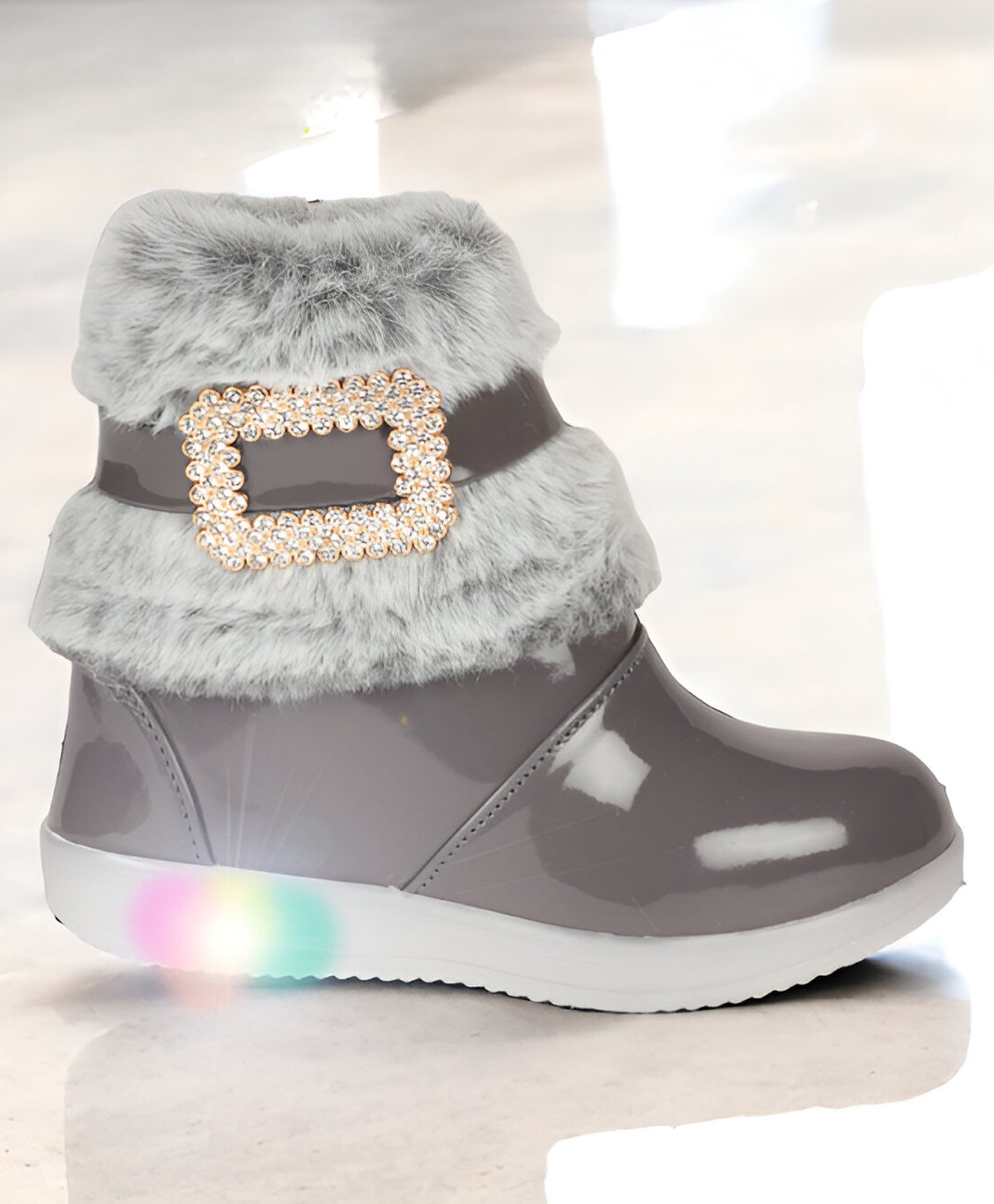 Lil Lollipop Glossy Finished Fur Textured LED Boots - Grey