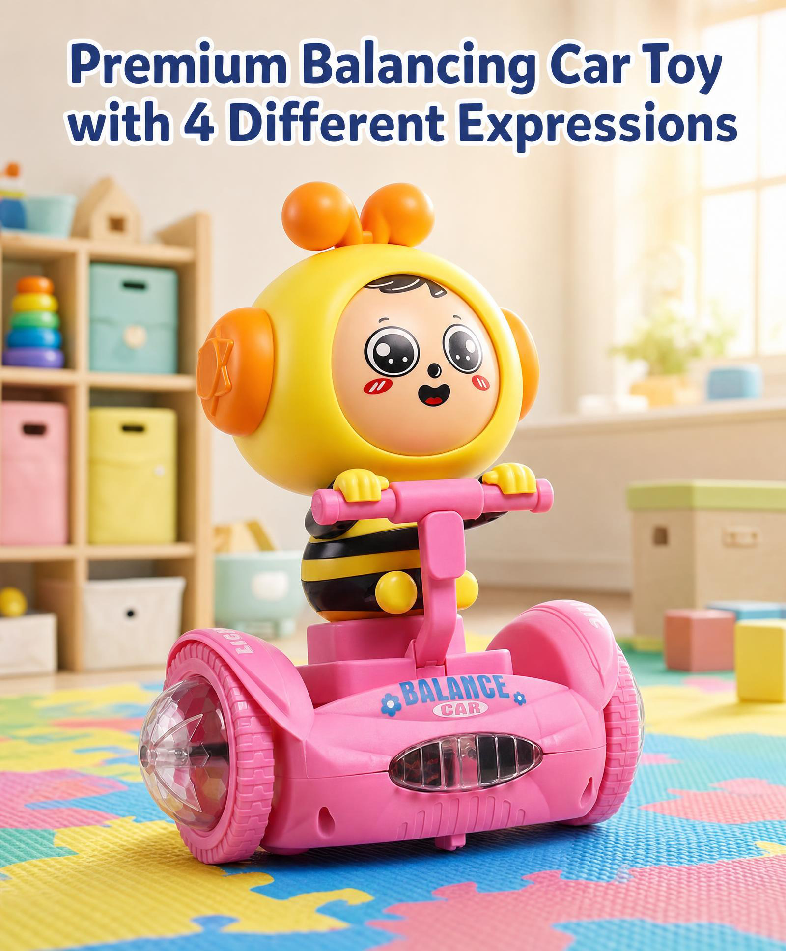 Babyhug Premium Balancing Car Toy with Interactive Revolving Cute Car with 4 Different Expressions| Colorful Led Lights & Music -Baby Pink-image-3