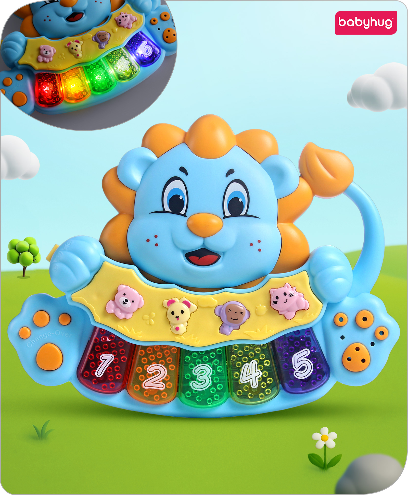 Babyhug Premium Musical Lion Piano Toy With Flashing Light Sound Effects of Animal - Sky Blue-image-0
