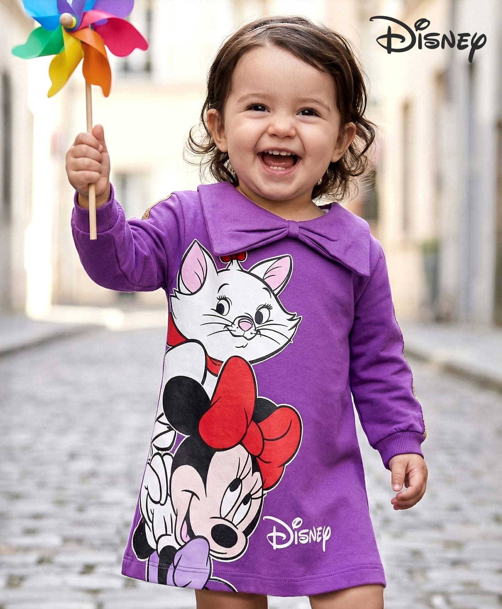 Babyhug Disney Cotton Knit Full Sleeves Dress With Minnie Mouse Mouse And Marie Graphics With Bow Collar Detailing - Purple-image-12