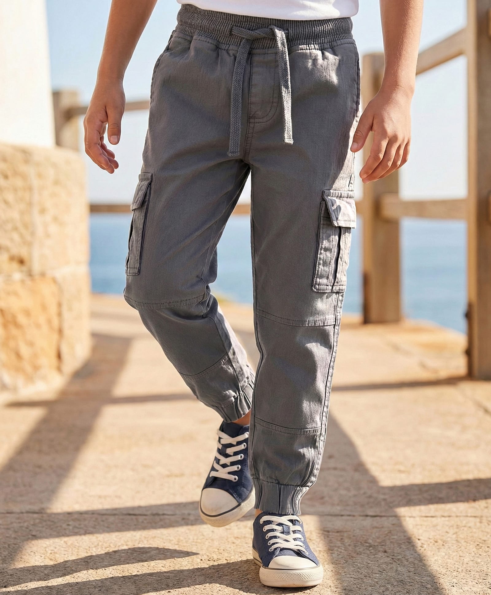 Pine Kids Cotton Elastane Woven Full Length Solid Trouser With Cargo Pockets - Grey-picture-15