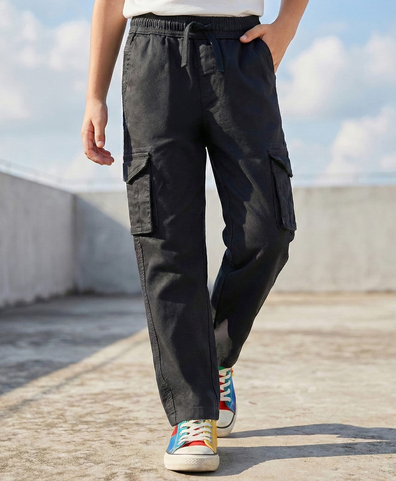 Pine Kids Cotton Woven Full Length Solid Colour Trouser With Cargo Pockets - Black-picture-14