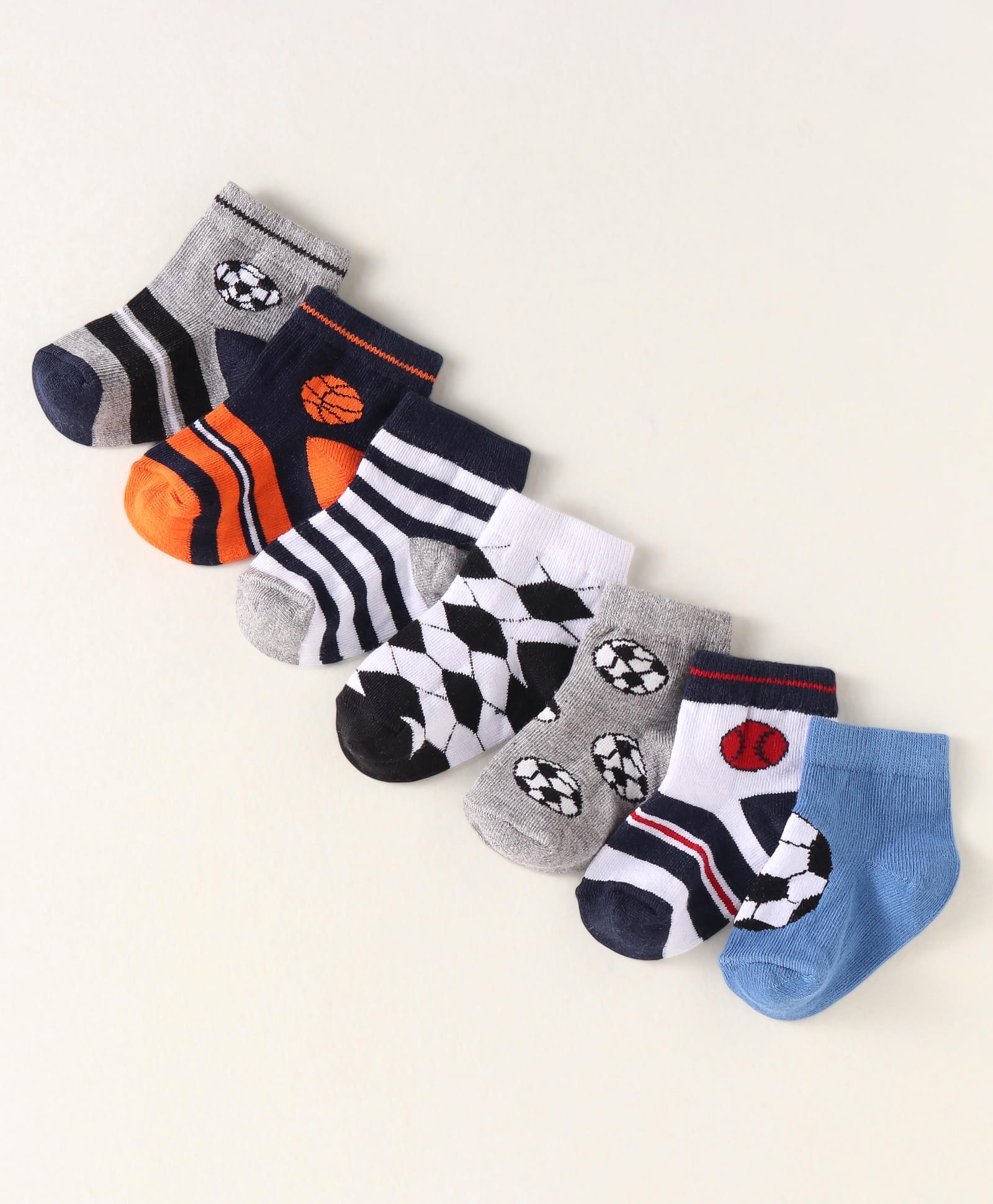 Cute Walk By Babyhug Anti-Bacterial Ankle Length Pack of 7 Socks With Sports Theme Print - Black & Grey-image-42