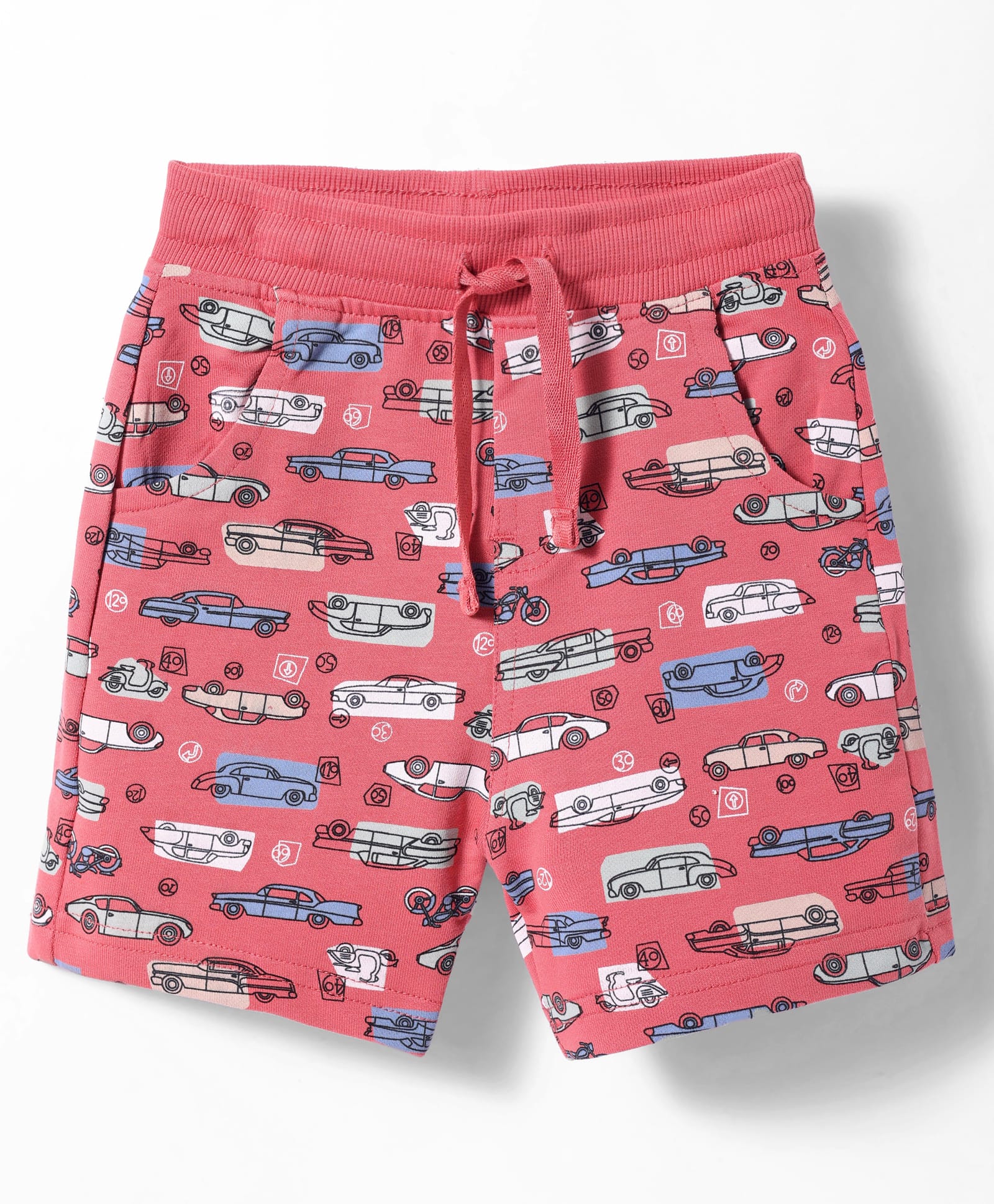 CUCUMBER Cotton Knit Knee Length Car Print Shorts- Light Red-picture-19