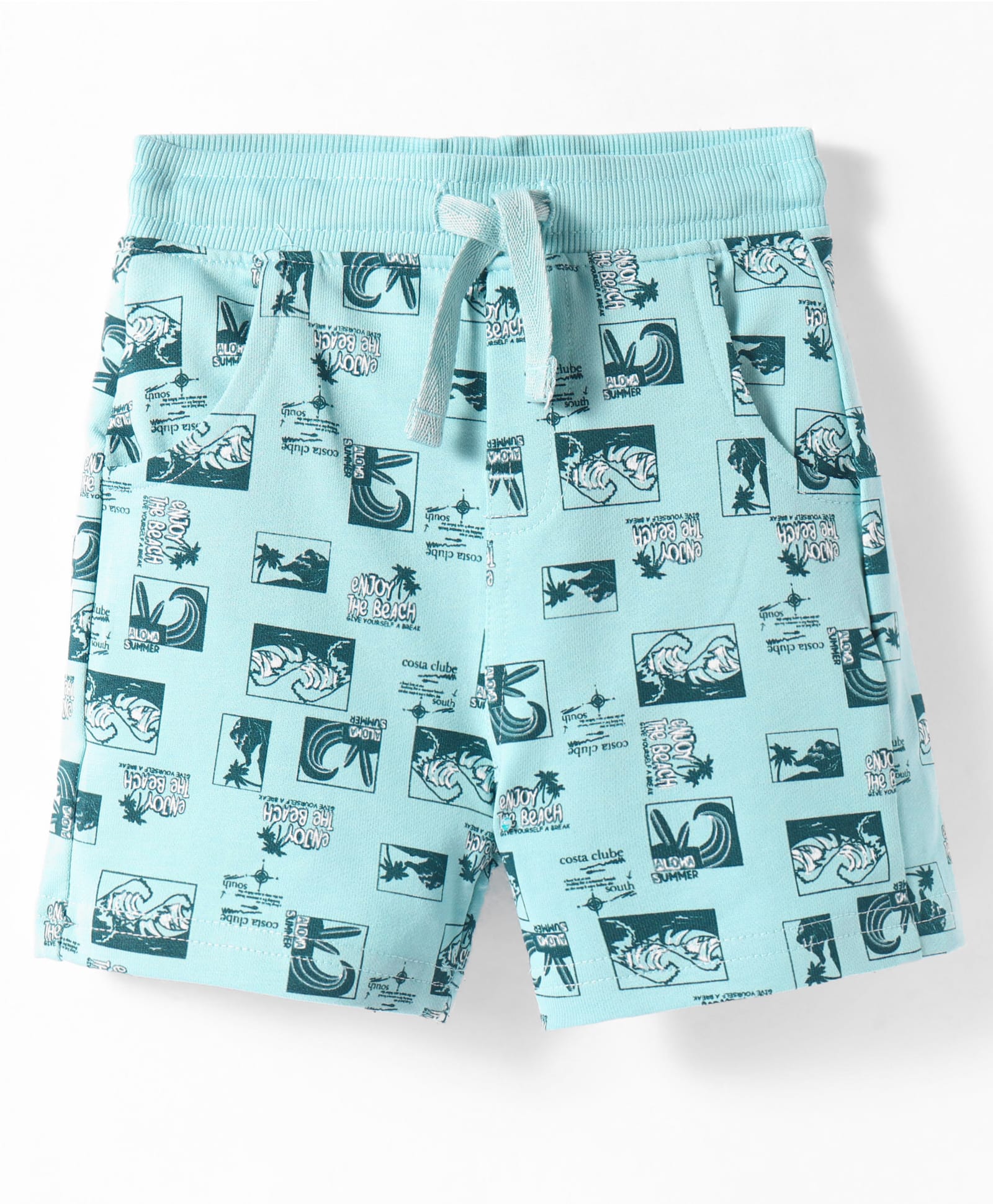 CUCUMBER Cotton Knit Knee length Shorts with Beach Theme Print - Light Blue-picture-17